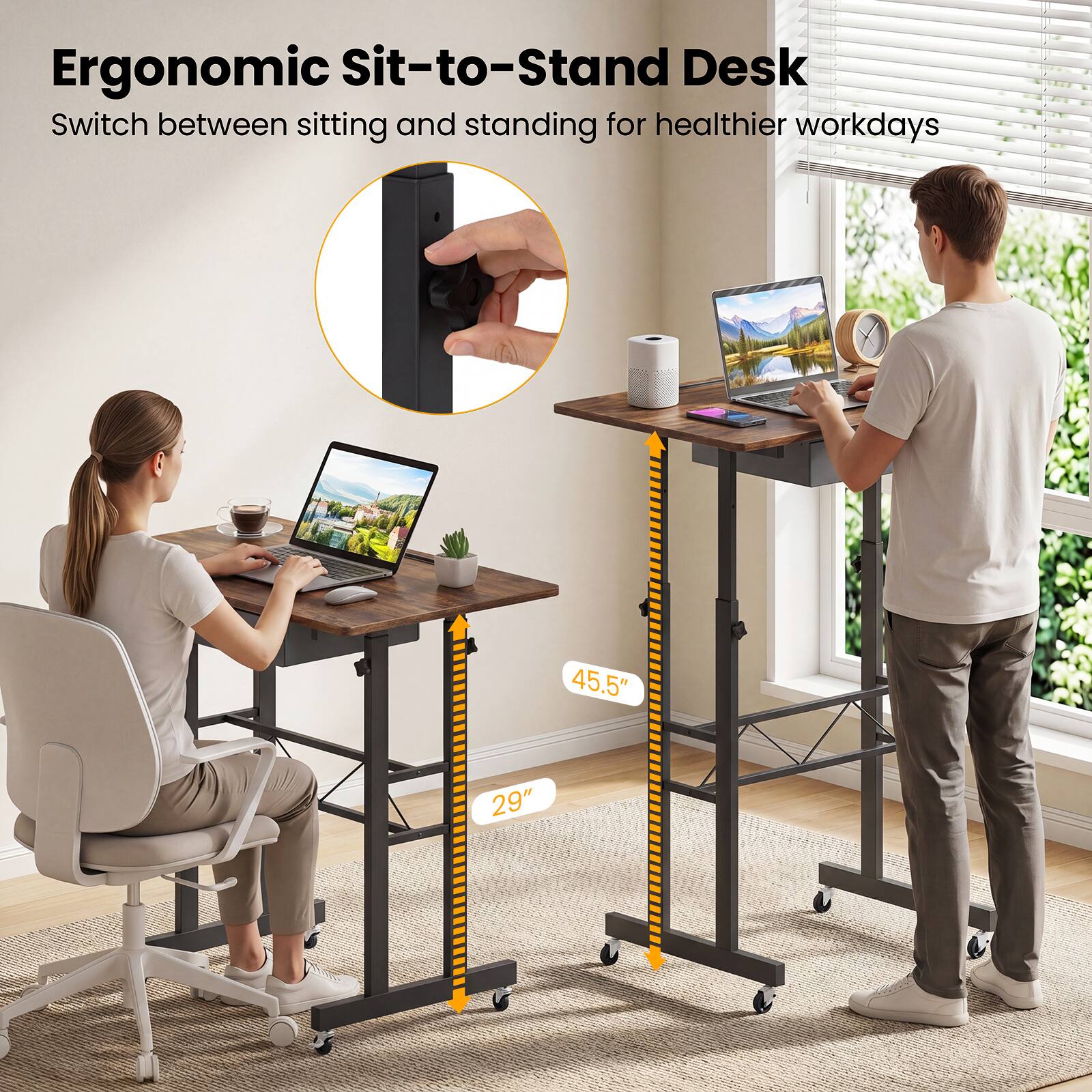 Ergonomic Sit-to-Stand Desk  
Switch between sitting and standing for healthier workdays  

45.5"  
29"