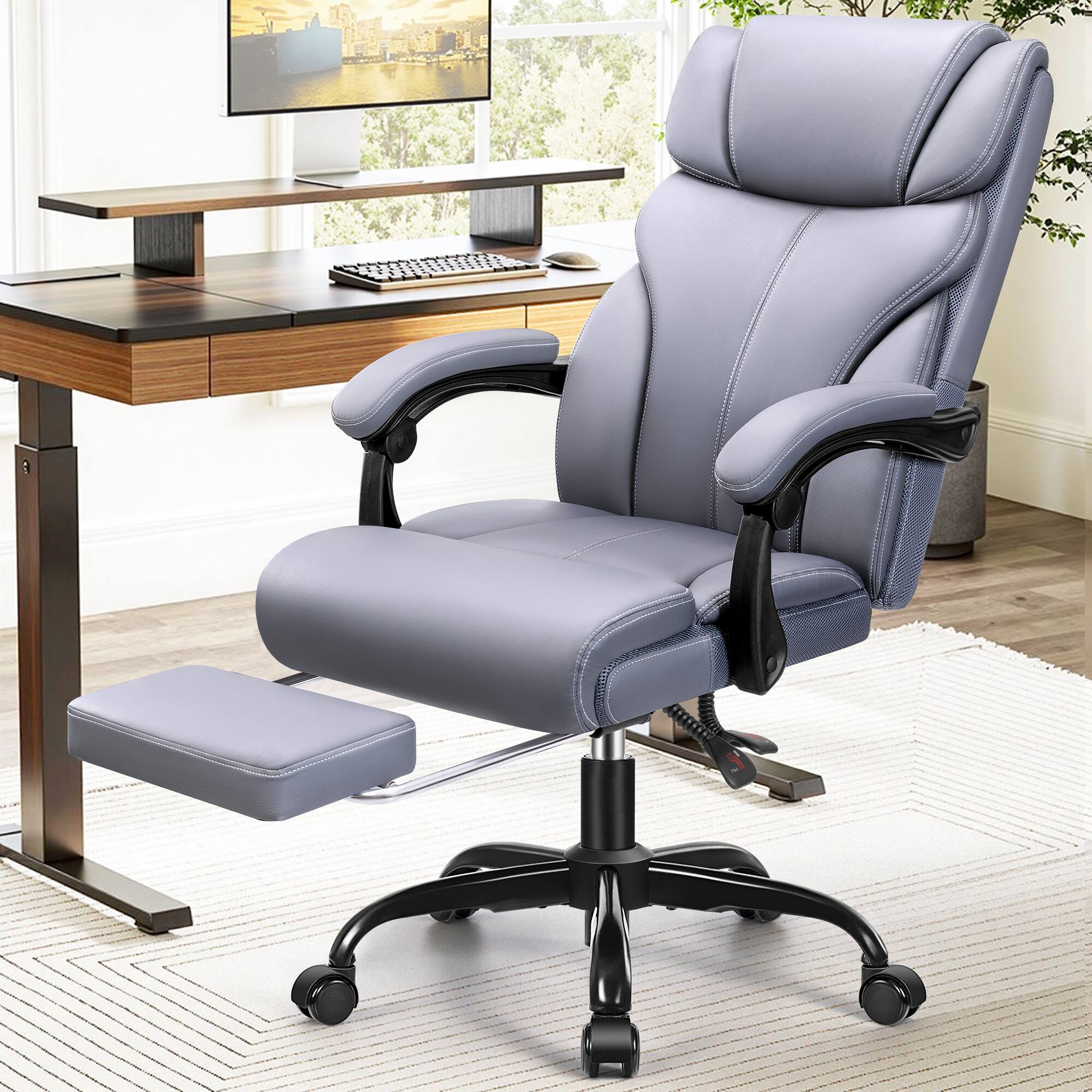 Front. Brick Attic - Office Chair, Executive Leather Chair Big and Tall Ergonomic Computer Desk Chair with Adjustable Footrest Home Gaming - Grey.