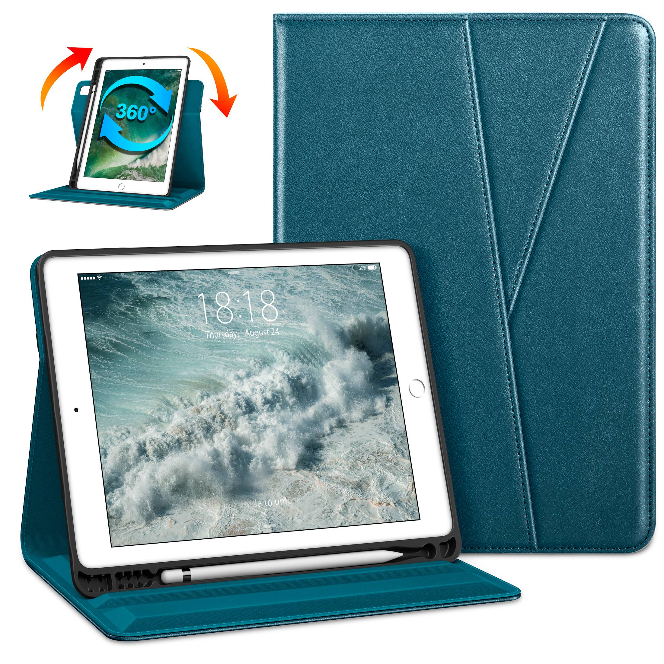 DTTO - Case for iPad 6/5 & Air 2/1 9.7" - 360° Rotating Leather Folio Stand with Pencil Holder & Auto Wake/Sleep - Light Blue
