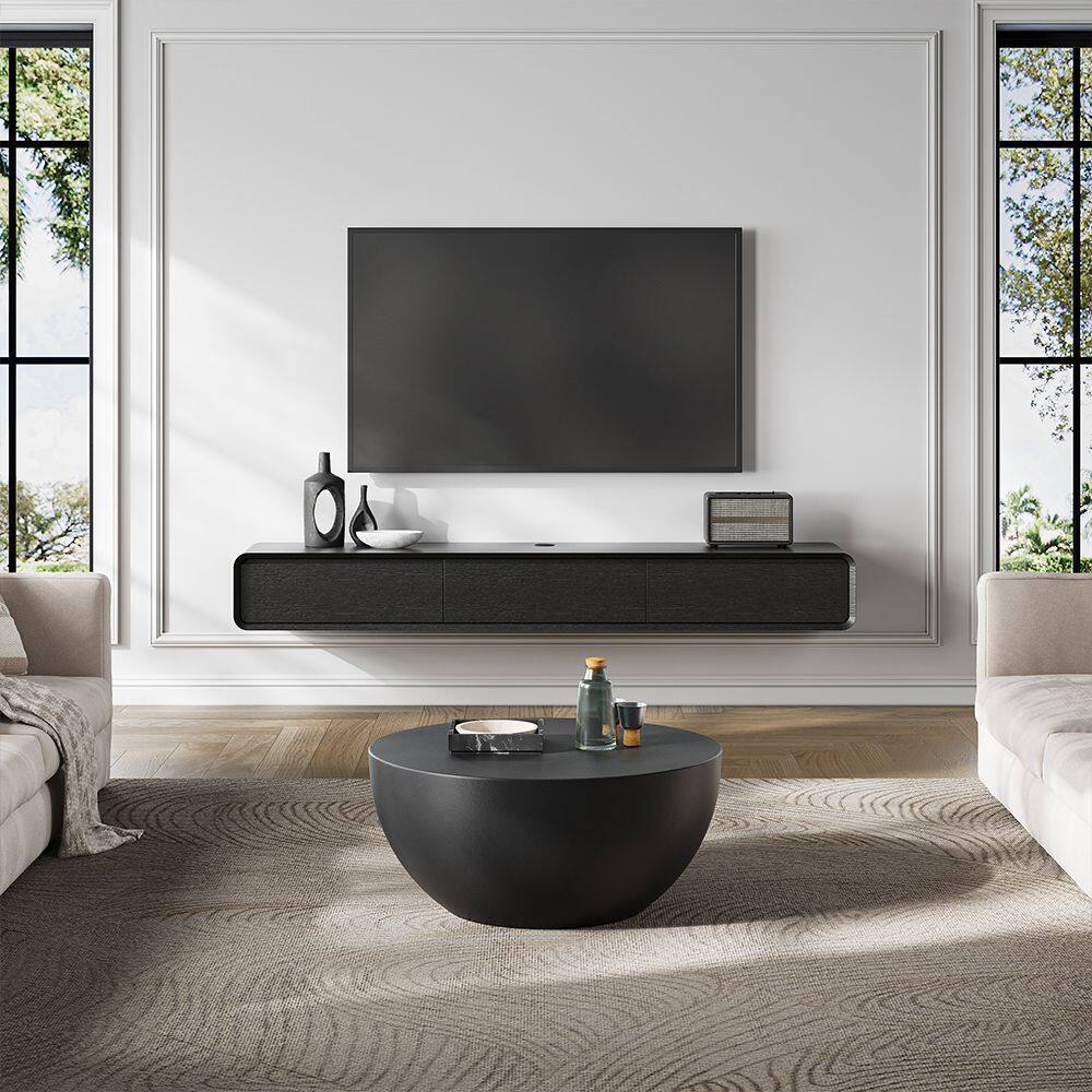 Left. POVISON - 79" Fully-Assembled Black Floating TV Stand Solid Wood - Black.