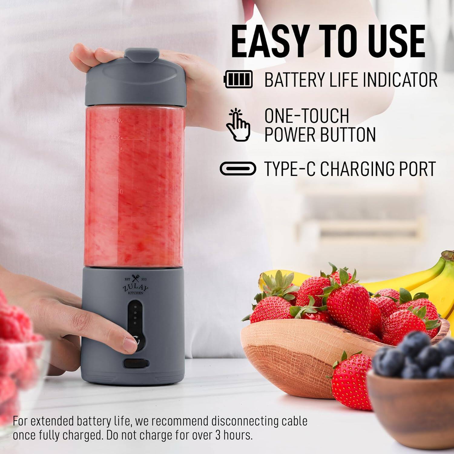EASY TO USE  
BATTERY LIFE INDICATOR  
ONE-TOUCH POWER BUTTON  
TYPE-C CHARGING PORT  

For extended battery life, we recommend disconnecting cable once fully charged. Do not charge for over 3 hours.
