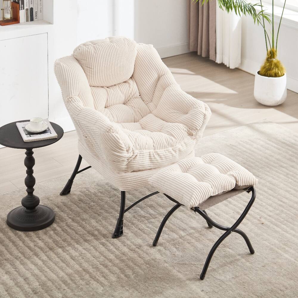 Left. Loheer - Loheer Lazy Chair with Ottoman White Lounge Accent Chair Reading Chair with Footrest for Small Space Corner Chair - White.