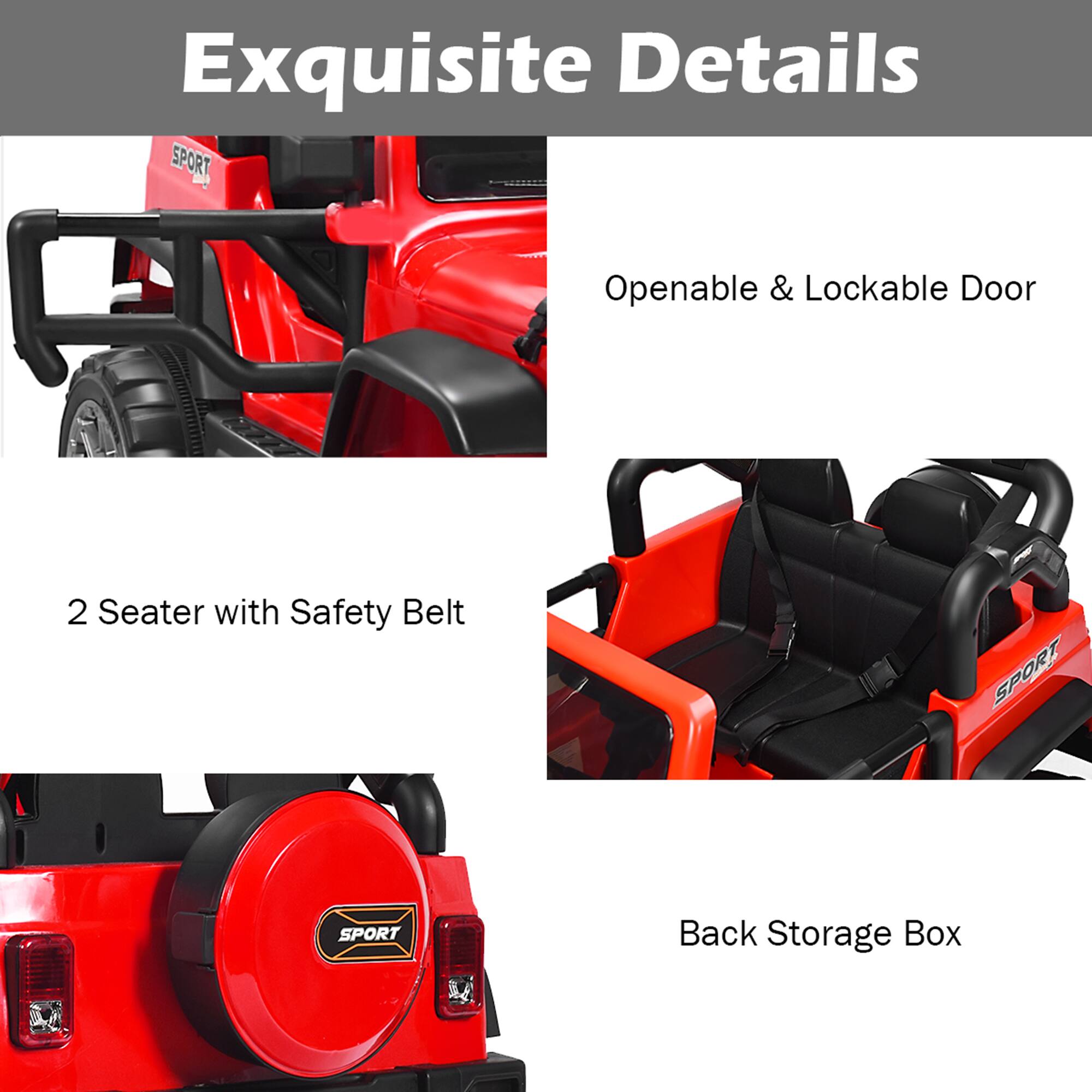 Exquisite Details

- Openable & Lockable Door
- 2 Seater with Safety Belt
- Back Storage Box