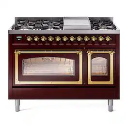ILVE - Nostalgie II Series 48 in. Dual Fuel Range with 8 Sealed Burners + Griddle (Natural Gas, Brass Trim) - Burgundy