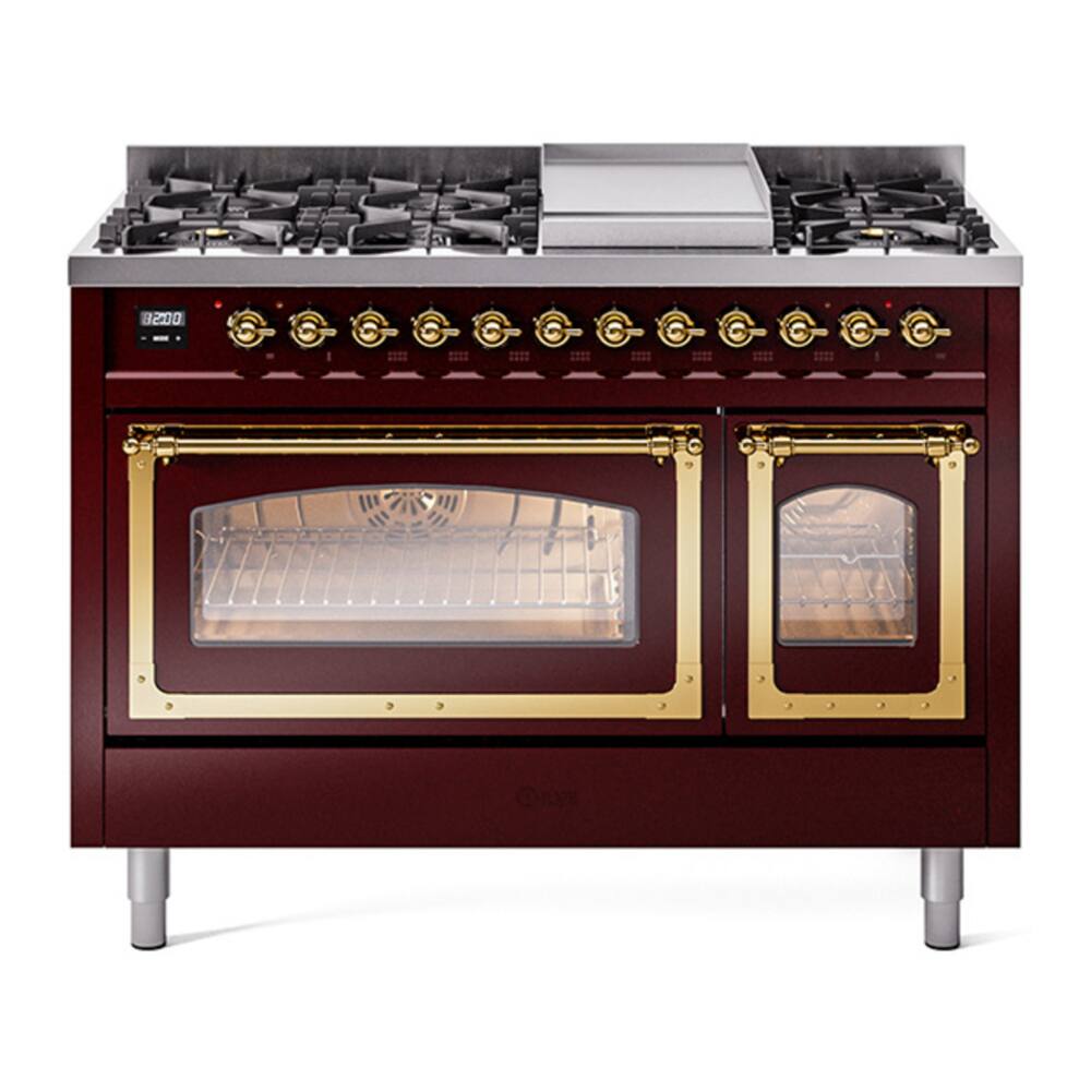 Front. ILVE - ILVE Nostalgie II 48 inch Dual Fuel Range with 8 Burners + Griddle (Natural Gas, Burgundy, Brass Trim) - Burgundy.