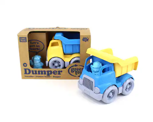 Sure, here is the corrected and grouped text from the image:
---
**Front of the Box:**
- 100% Plastic
- Let's get to work!
- Made in USA
- 2+
- Dumper
- Volcador • Camion benne • Kipper
- green toy
**On the Toy:**
- green toy
---
This text is grouped based on its location and context on the packaging and the toy itself.