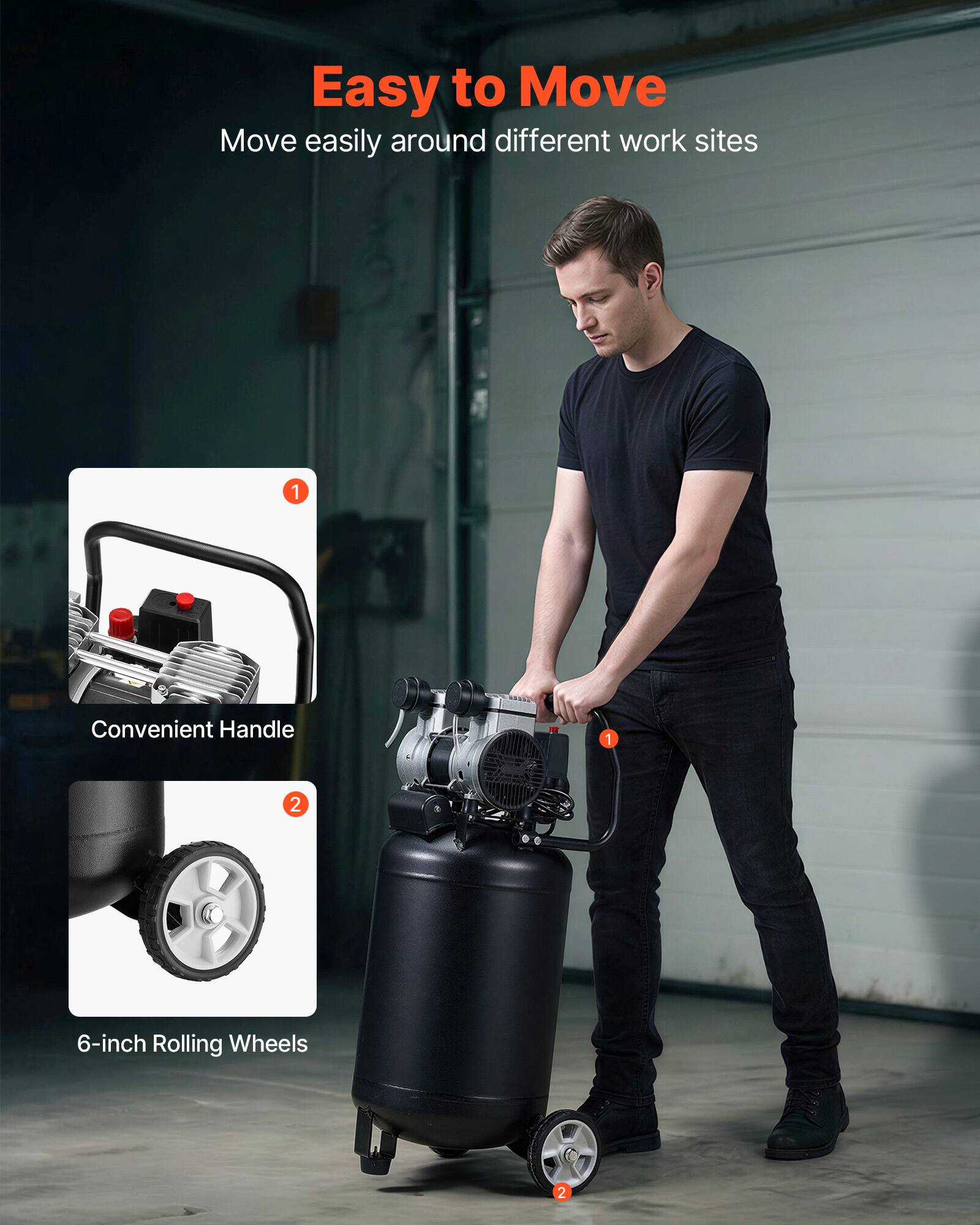 Easy to Move  
Move easily around different work sites

1. Convenient Handle

2. 6-inch Rolling Wheels