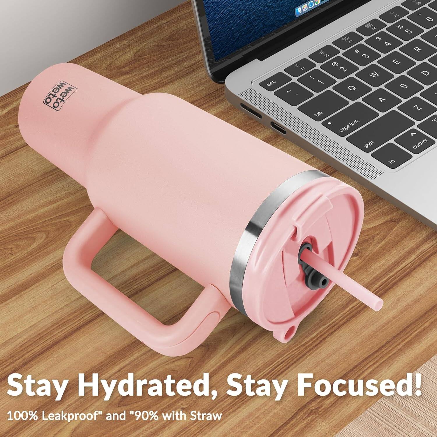 The text on the image is:

"Stay Hydrated, Stay Focused!
100% Leakproof" and "90% with Straw"
