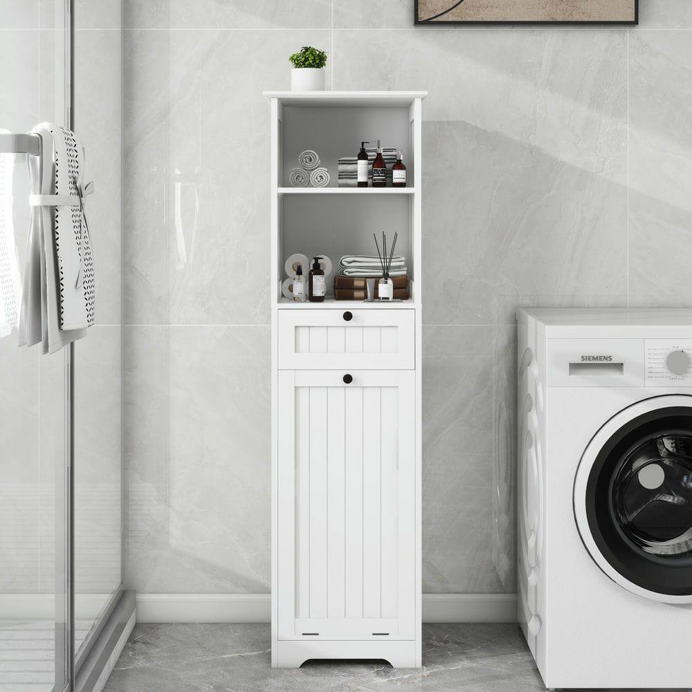 Alt View 2. Kadyn - Single-compartment, single-drawer tilting laundry organizer, White - White.