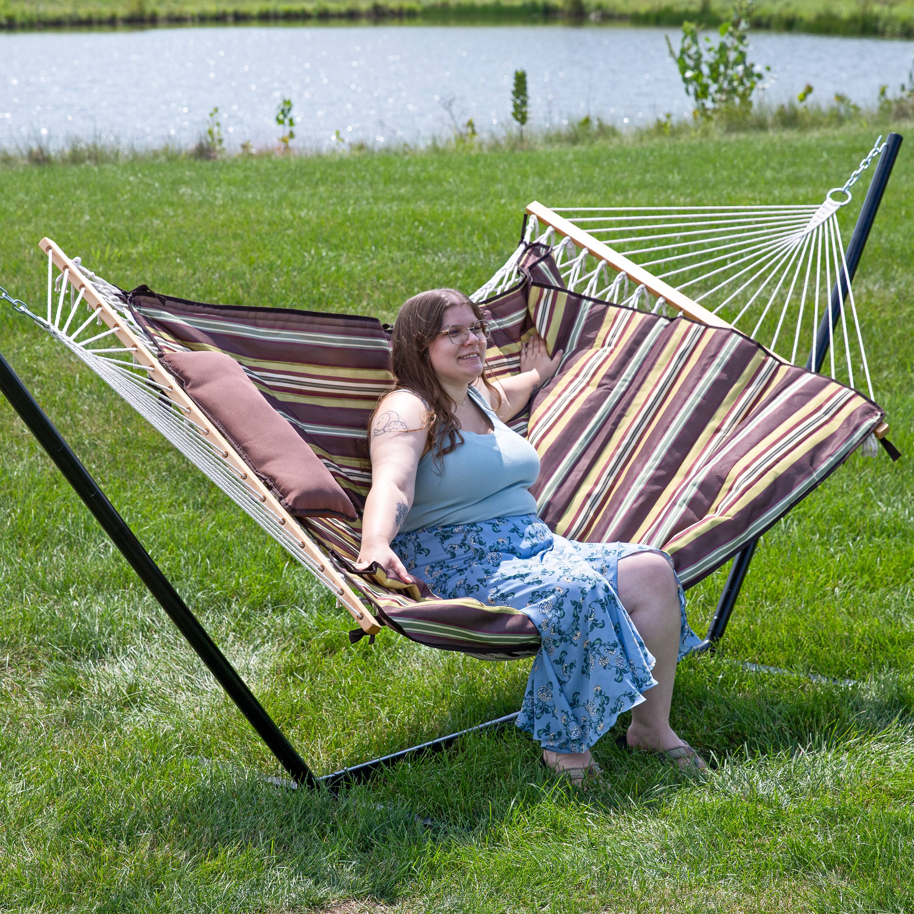 Alt View 8. Sunnydaze - 2-Person Rope Hammock with Steel Stand and Pad/Pillow - Desert Stripe.