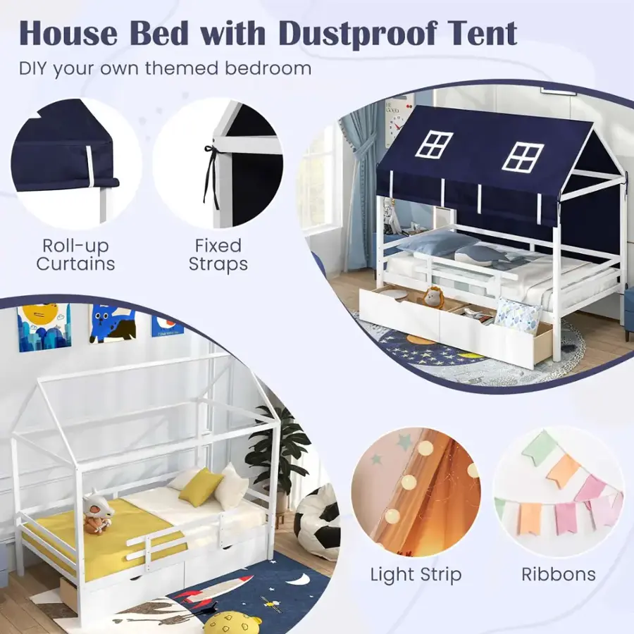 House Bed with Dustproof Tent DIY your own themed bedroom 1. Roll-up Curtains 2. Fixed Straps 3. Light Strip 4. Ribbons