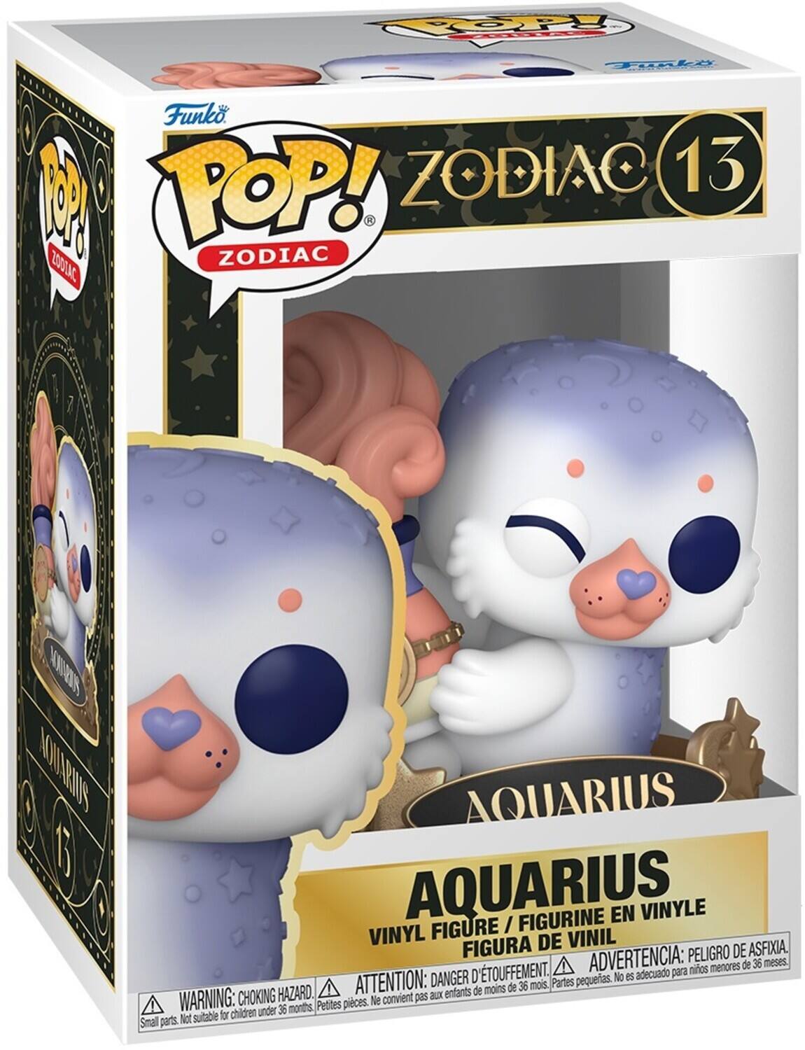 Sure, here is the corrected and grouped text from the image:

---

**Funko POP! ZODIAC 13**

**AQUARIUS**

VINYL FIGURE / FIGURINE EN VINYLE / FIGURA DE VINIL

**WARNING: CHOKING HAZARD.** Small parts. Not suitable for children under 36 months.  
**ATTENTION: DANGER D'ÉTOUFFEMENT.** Petites pièces. Ne convient pas aux enfants de moins de 36 mois.  
**ADVERTENCIA: PELIGRO DE ASFIXIA.** Partes pequeñas. No es adecuado para niños menores de 36 meses.

---

This text is organized to reflect the information on the packaging, including the brand, series, character, and safety warnings.