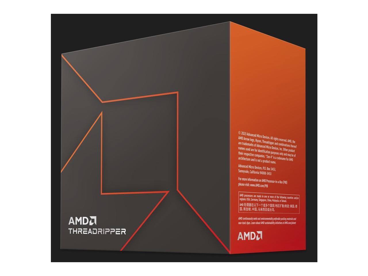 8 20123 Advanced Micro Devices AMD Anron A r loga, Ryzen, Threadripper and combinations are trademarks of Advanced Micro Devices, Inc. Other product or company names used are for identification purposes only and may be trademarks of their respective owners. "Zen 4" is a codename for AMD processor architecture and is not a product name. Advanced Micro Devices, P.O. Box 3453, Sunnyvale, California 94088-3453. For more information on AMD Processors-in-a-Box (PIB) please visit www.AMD.com/PIB. AMD processors are made in one or more of the following countries or regions: US, Germany, Singapore, China, Malaysia, Taiwan. AMD continuously seeks out environmentally preferable packaging materials and designs. Learn about AMD sustainability initiatives or contact AMD at AMD.com/sustainability