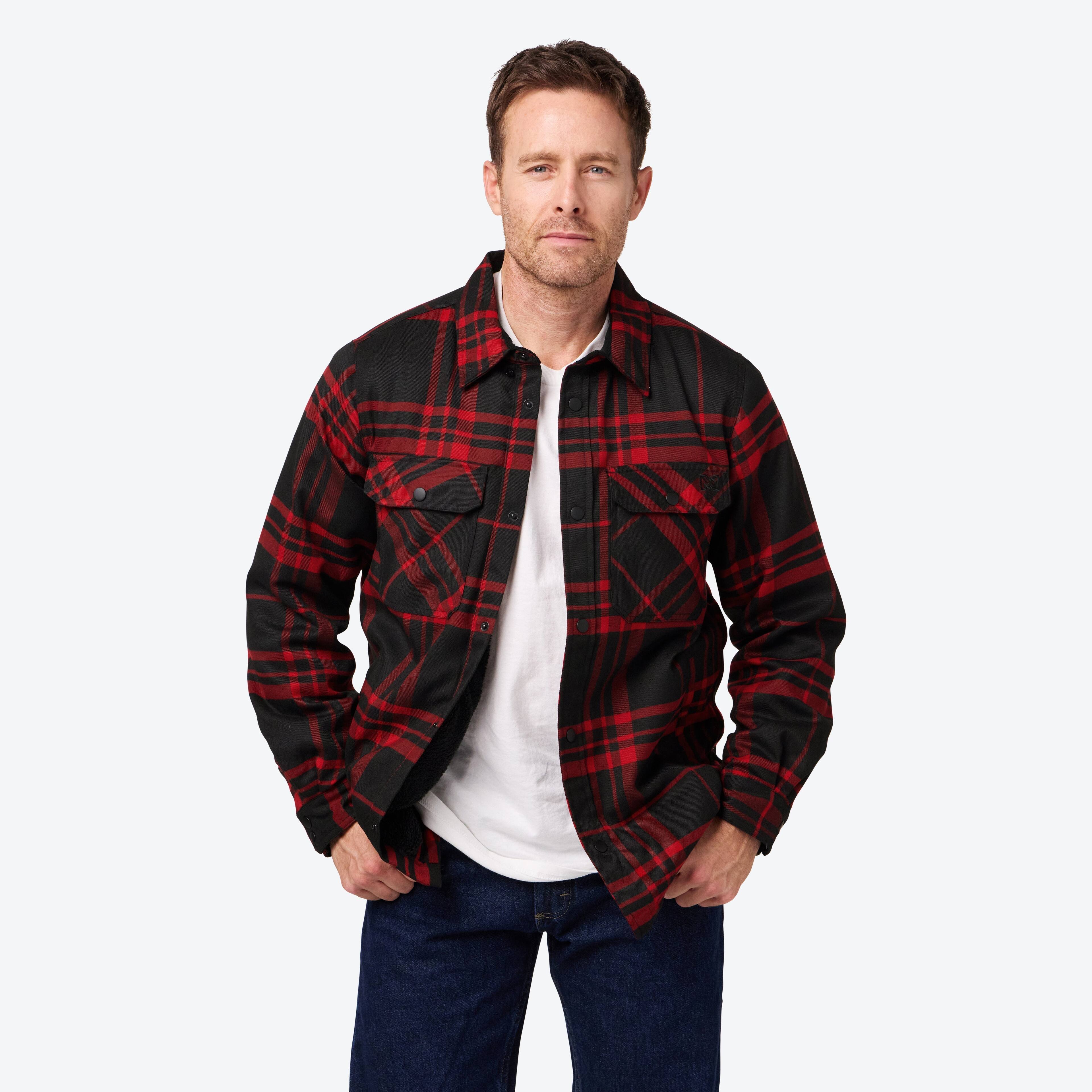 Front. Mobile Warming - Men's Flannel Heated Jacket - Black/Red.