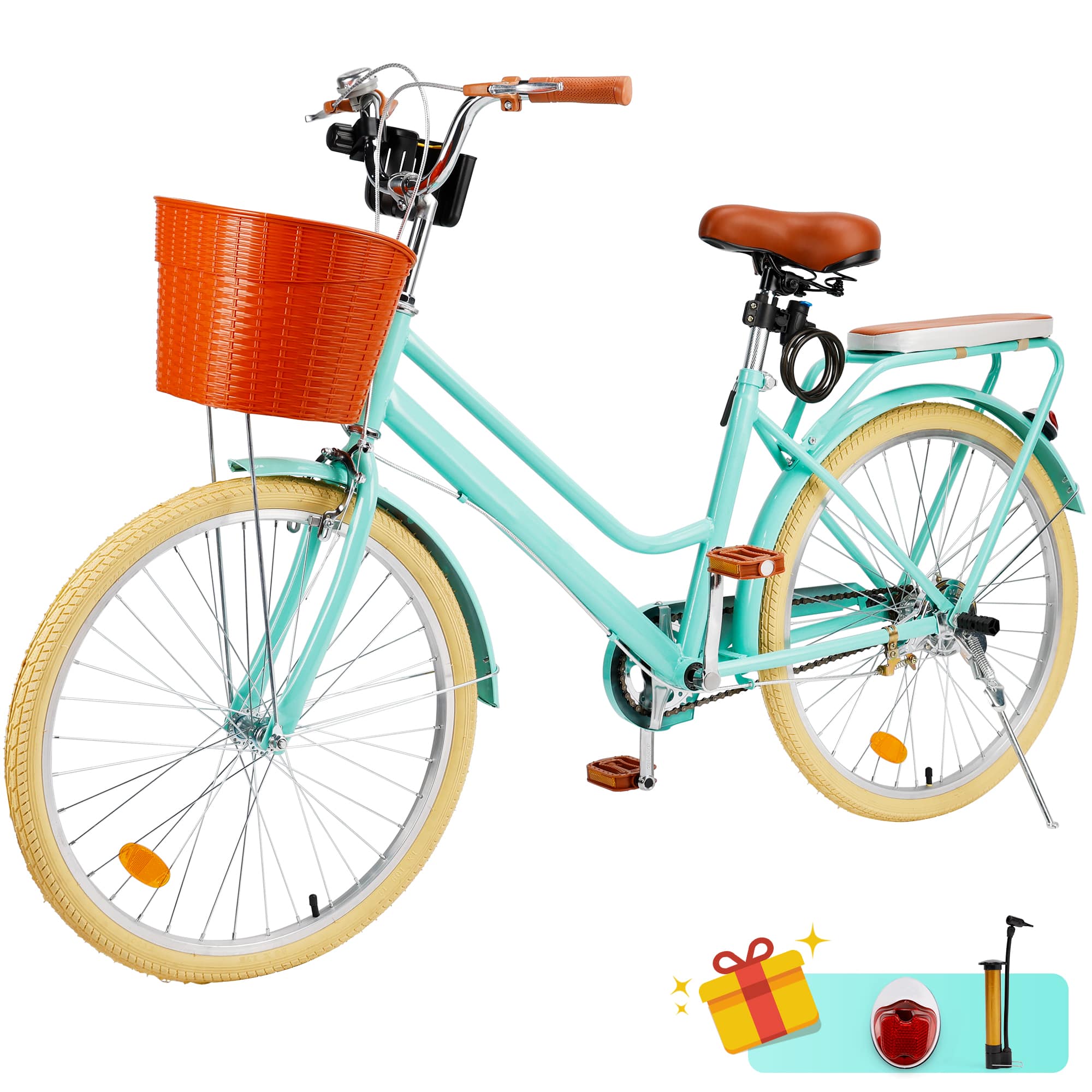 Topteng - 24 inch Commuter Bicycle with Front Basket & Rear Rack, High Carbon Steel Frame, City Bike for Adult Men and Women - Green