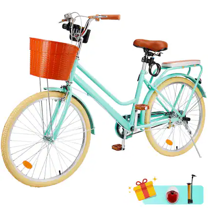 Front. Topteng - 26 inch Commuter Bicycle with Front Basket & Rear Rack, High Carbon Steel Frame, City Bike for Adult Men and Women-Green - Green.