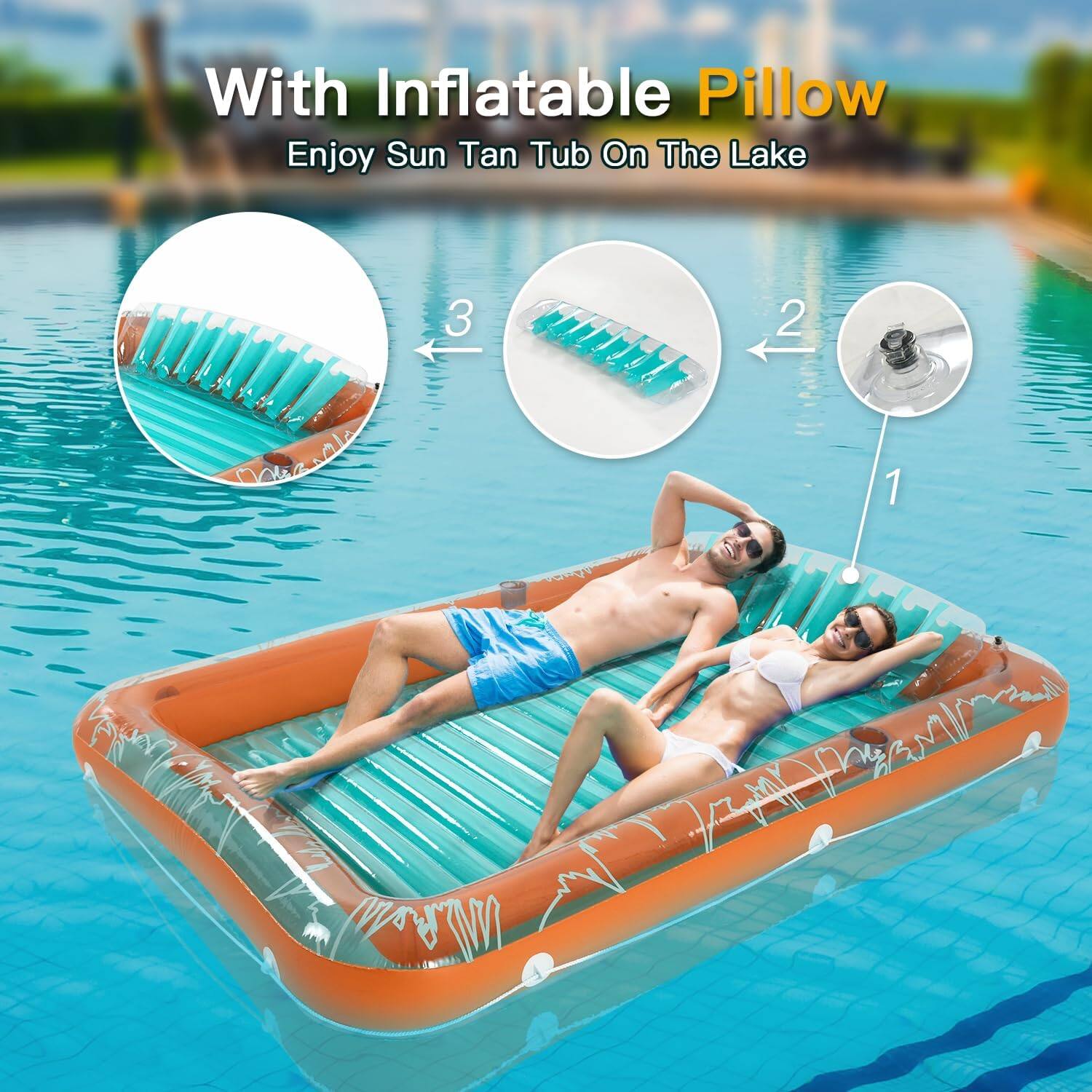 With Inflatable Pillow Enjoy Sun Tan Tub On The Lake