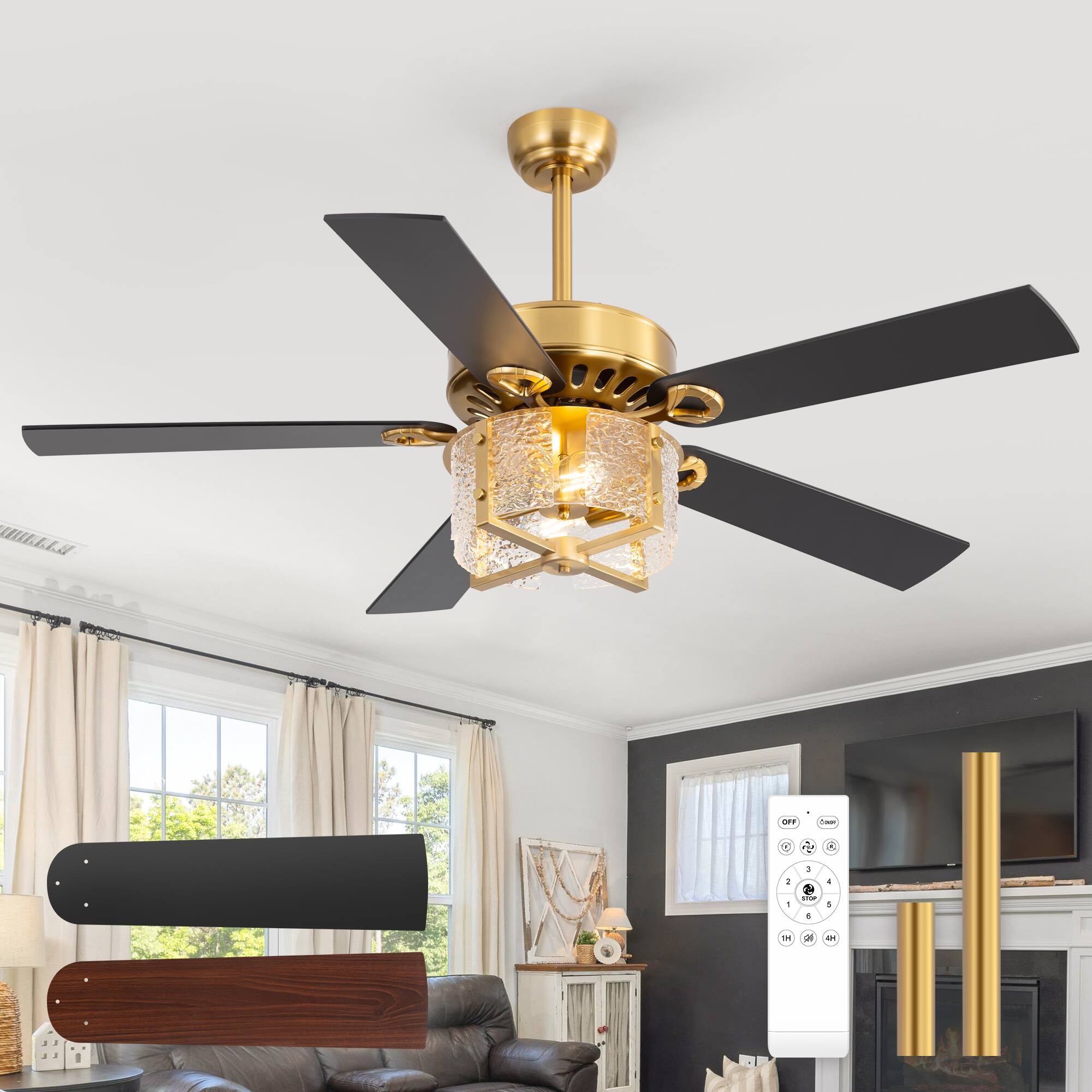 Breezary - 52-Inch Large Ceiling Fan with Light Fixture, 5 Dual-Finish Plywood Blades, DC Motor, Remote Control, 5/10-Inch Downrods - Electroplated Gold with Black and Rich Walnut