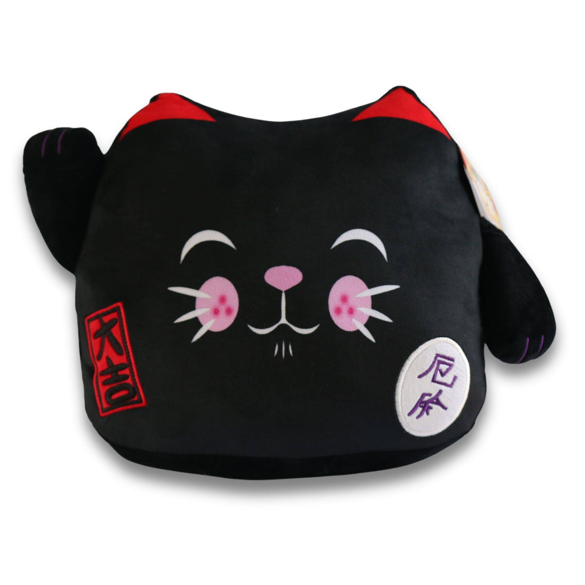 Front. Maneki Neko - Maneki Neko Printed Cushion Soft Velboa 12 inch / 30cm x 31cm Black Closed Eye.
