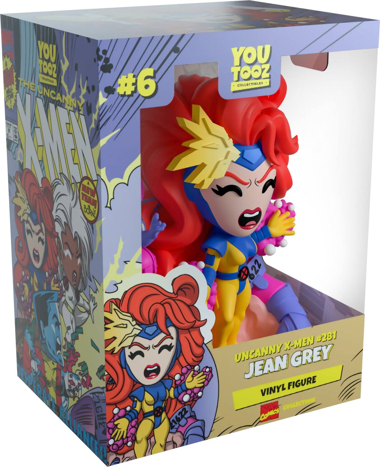 The text on the image is:

"YOU TOOZ COLLECTIBLES
THE UNCANNY X-MEN #281
JEAN GREY VINYL FIGURE
MARVEL COMICS COLLECTION"

Corrected and grouped text:

"YOU TOOZ COLLECTIBLES
THE UNCANNY X-MEN #281
JEAN GREY VINYL FIGURE
MARVEL COMICS COLLECTION"