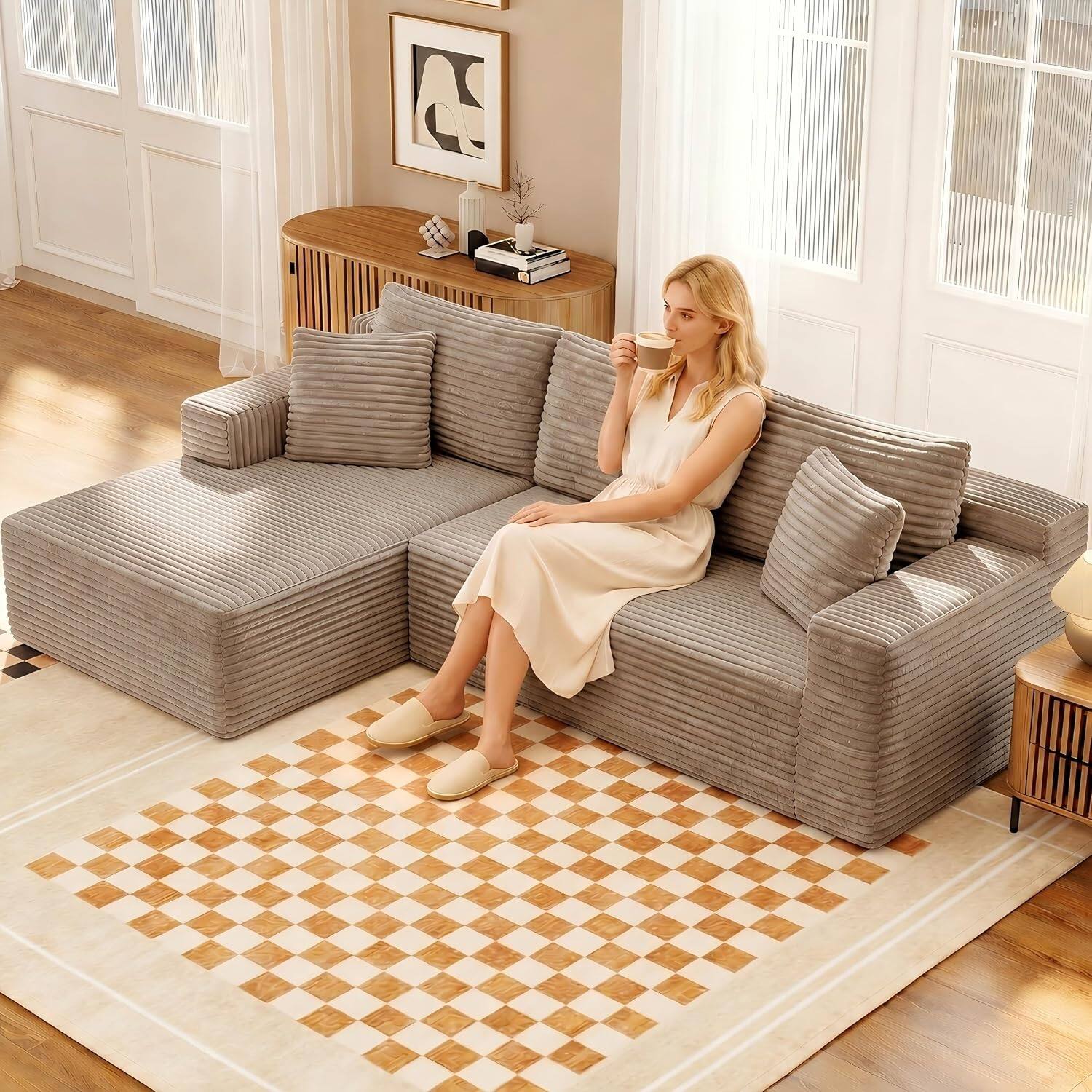 Angle. Anysun - 106.3" Modular Left Facing Cloud Combination Sofa – L-Shaped Living Room Sofa with Recliner, Modern Minimalist Design - Camel.
