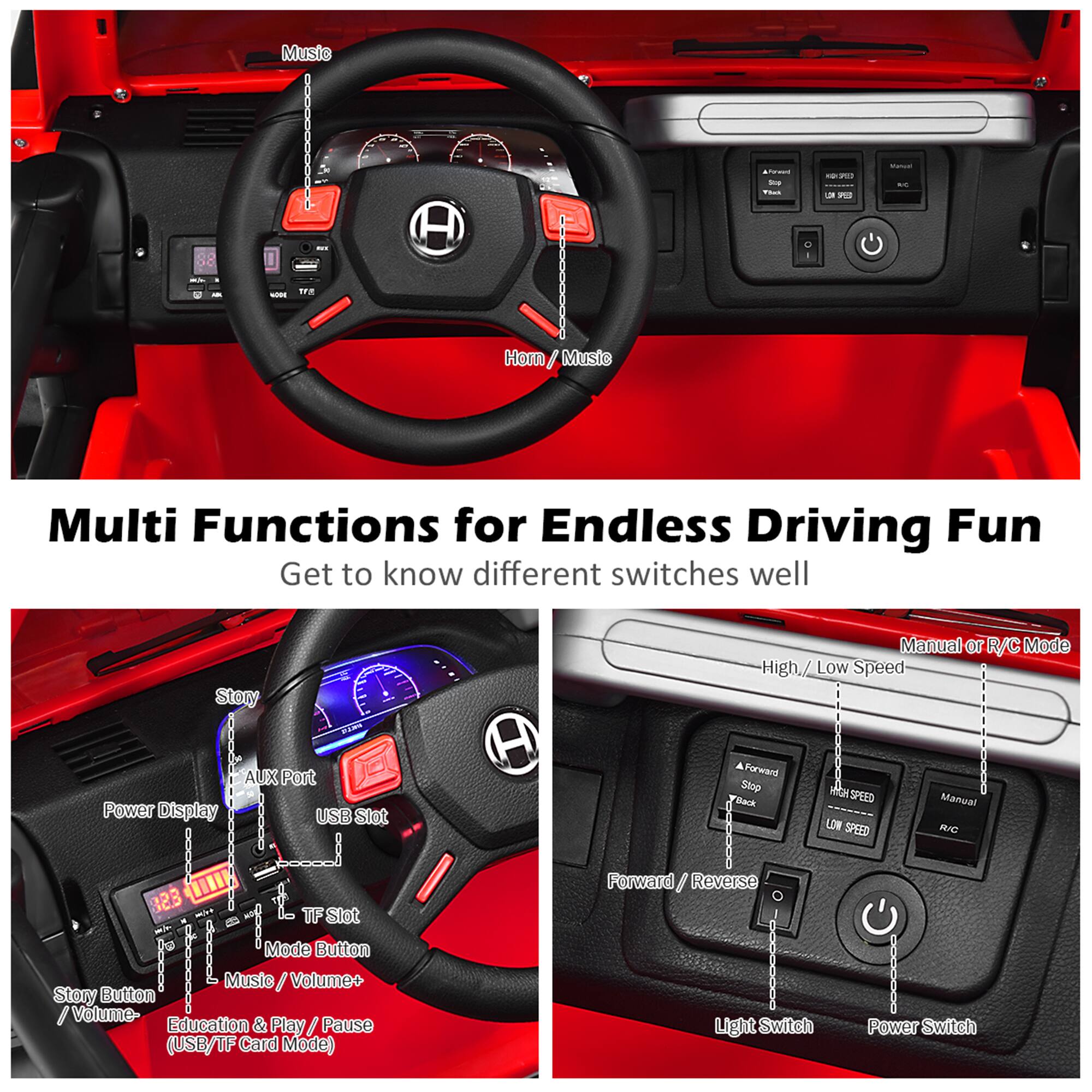Multi Functions for Endless Driving Fun  
Get to know different switches well  

- Music  
- Story  
- AUX Port  
- Power Display  
- USB Slot  
- TF Slot  
- Mode Button  
- Music / Volume+  
- Education & Play / Pause (USB/TF Card Mode)  
- Forward / Reverse  
- Light Switch  
- Power Switch  
- Manual or R/C Mode  
- High / Low Speed  
- Forward / Reverse  
- Manual / R/C
