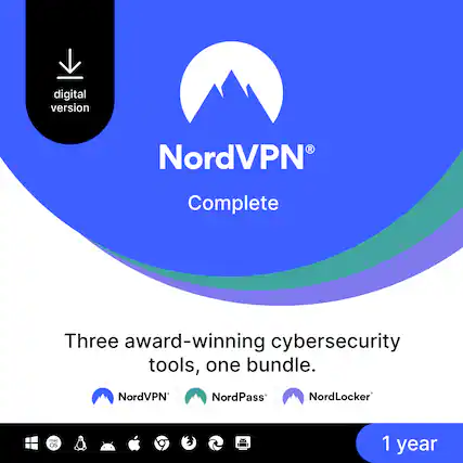 digital version
NordVPN®
Complete
Three award-winning cybersecurity tools, one bundle.
NordVPN®
NordPass®
NordLocker®
macOS
1 year