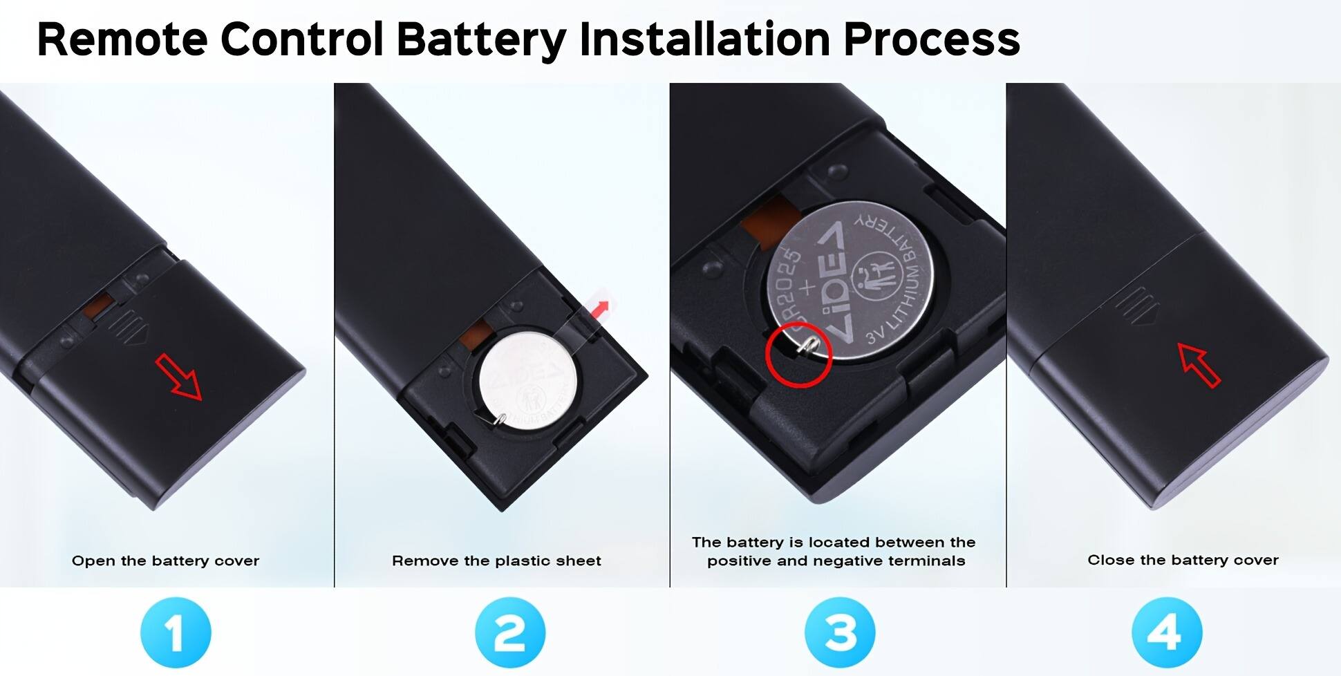 Remote Control Battery Installation Process

1. Open the battery cover
2. Remove the plastic sheet
3. The battery is located between the positive and negative terminals
4. Close the battery cover

Battery: R2025 + ZEGiA LITHIUM 3V