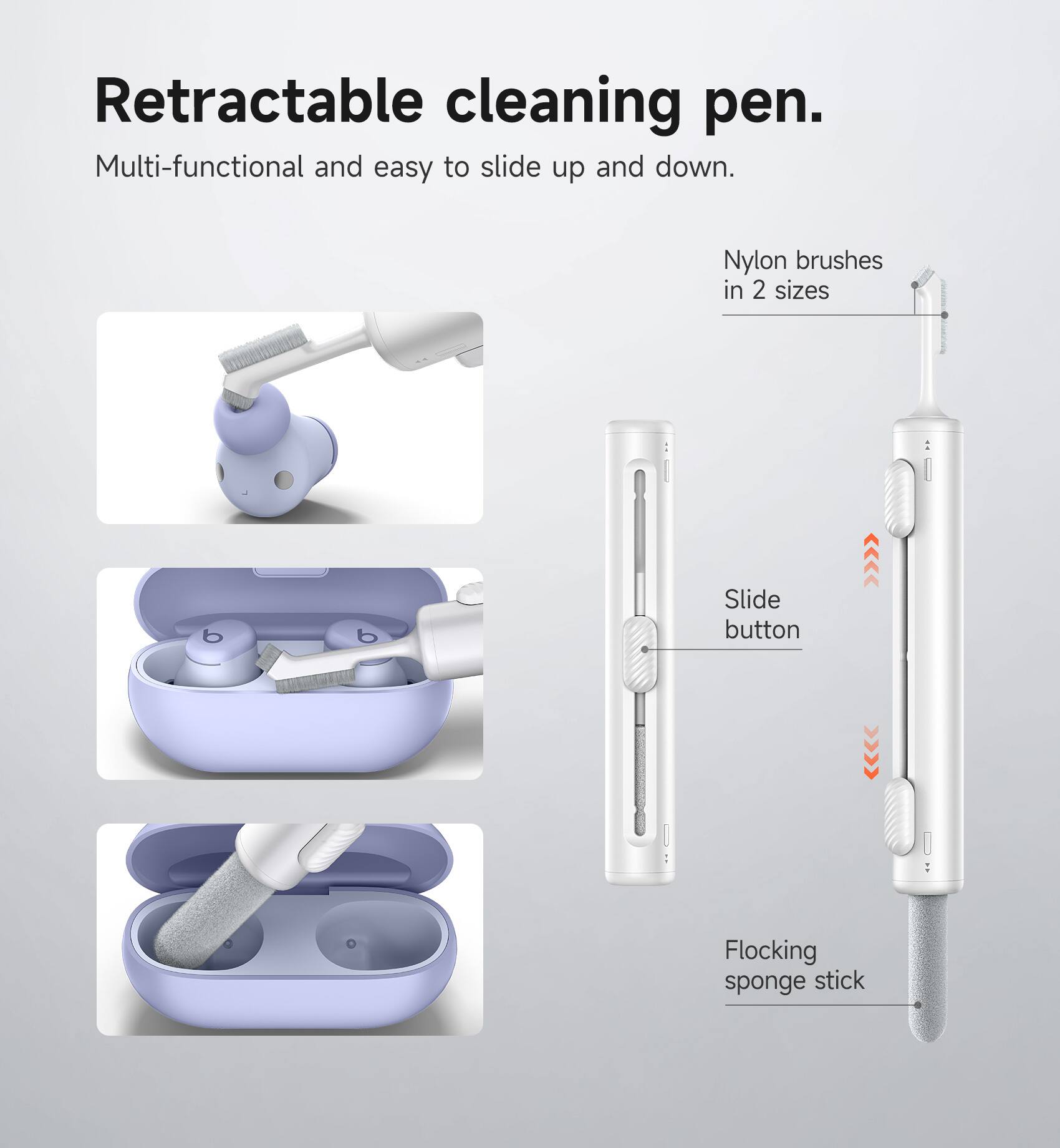 Retractable cleaning pen.  
Multi-functional and easy to slide up and down.  
Nylon brushes in 2 sizes  
Slide button  
Flocking sponge stick