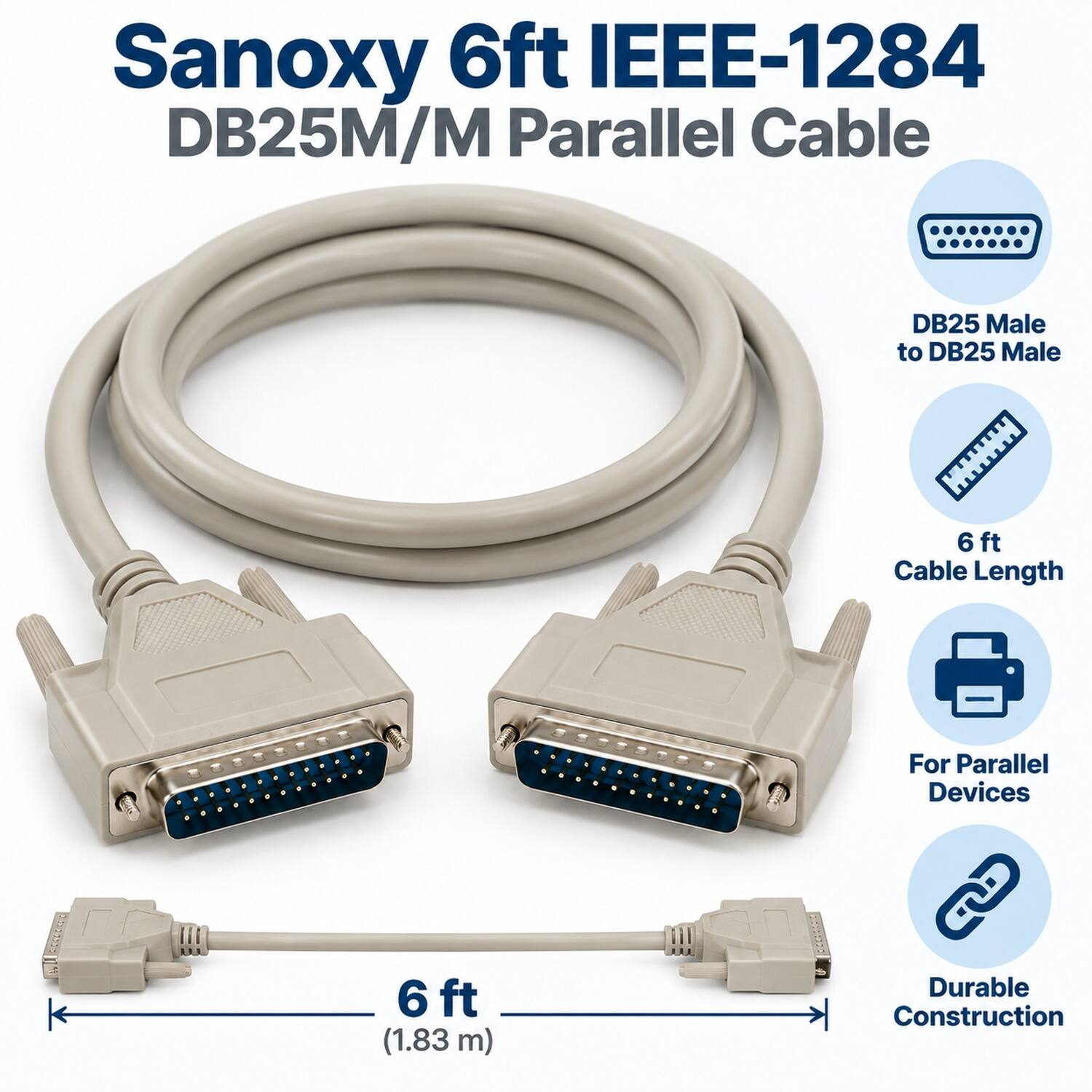 Sanoxy 6ft IEEE-1284 DB25M/M Parallel Cable

DB25 Male to DB25 Male

6 ft Cable Length

For Parallel Devices

6 ft (1.83m)

Durable Construction