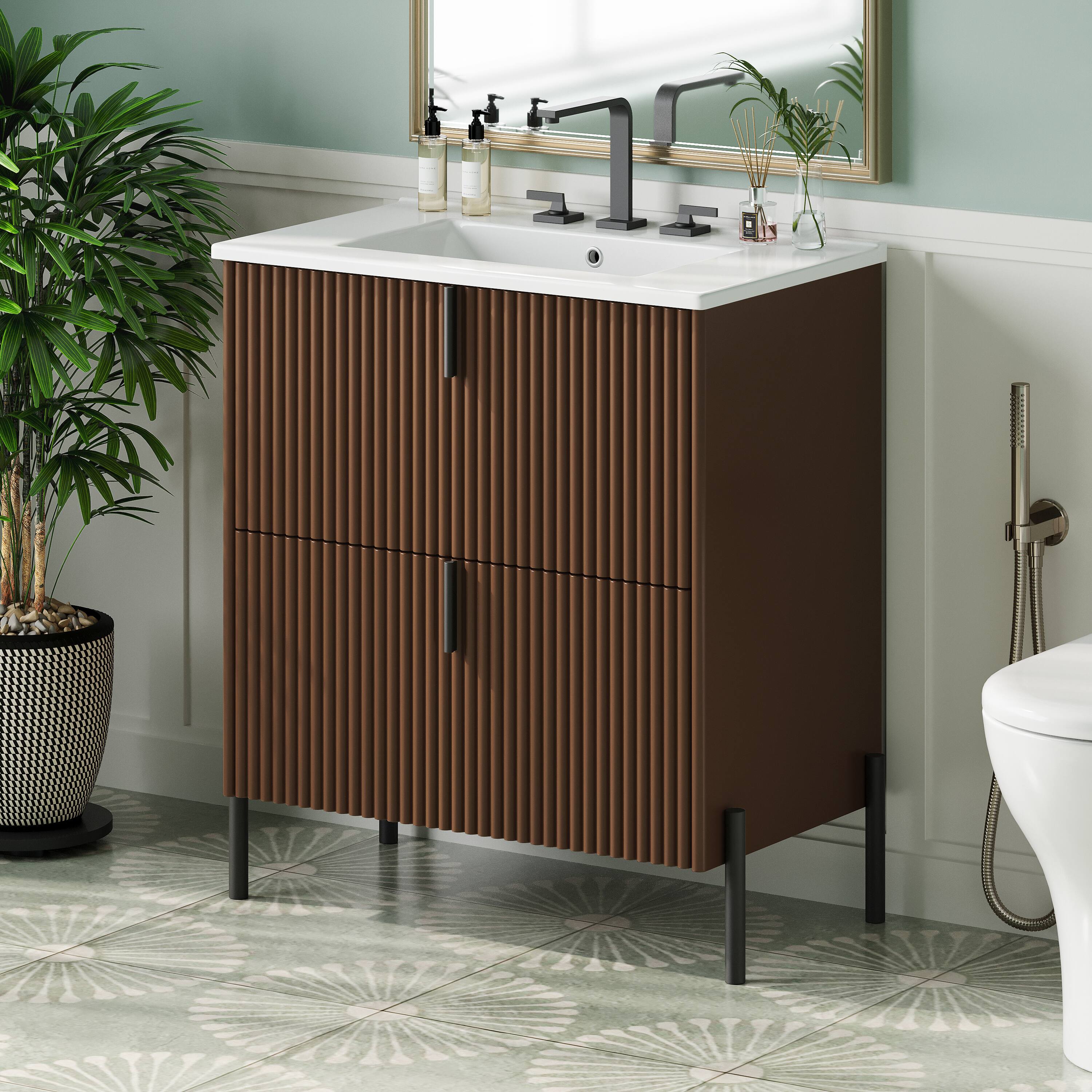 Back. Loheer - 2.5 ft Bathroom Vanity with Ceramic Sink and Soft-Close Drawer - Dark Brown.