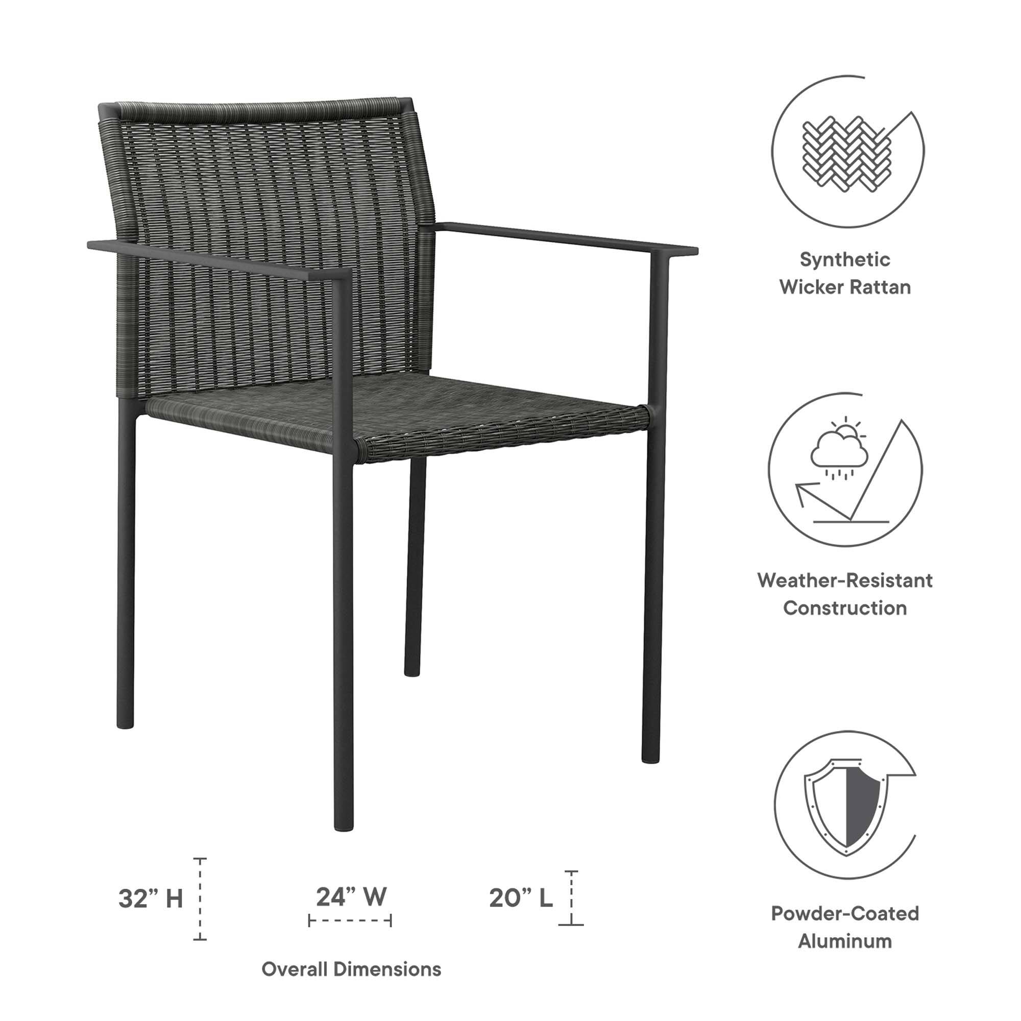 Synthetic Wicker Rattan  
Weather-Resistant Construction  
Powder-Coated Aluminum  

Overall Dimensions:  
32" H x 24" W x 20" L