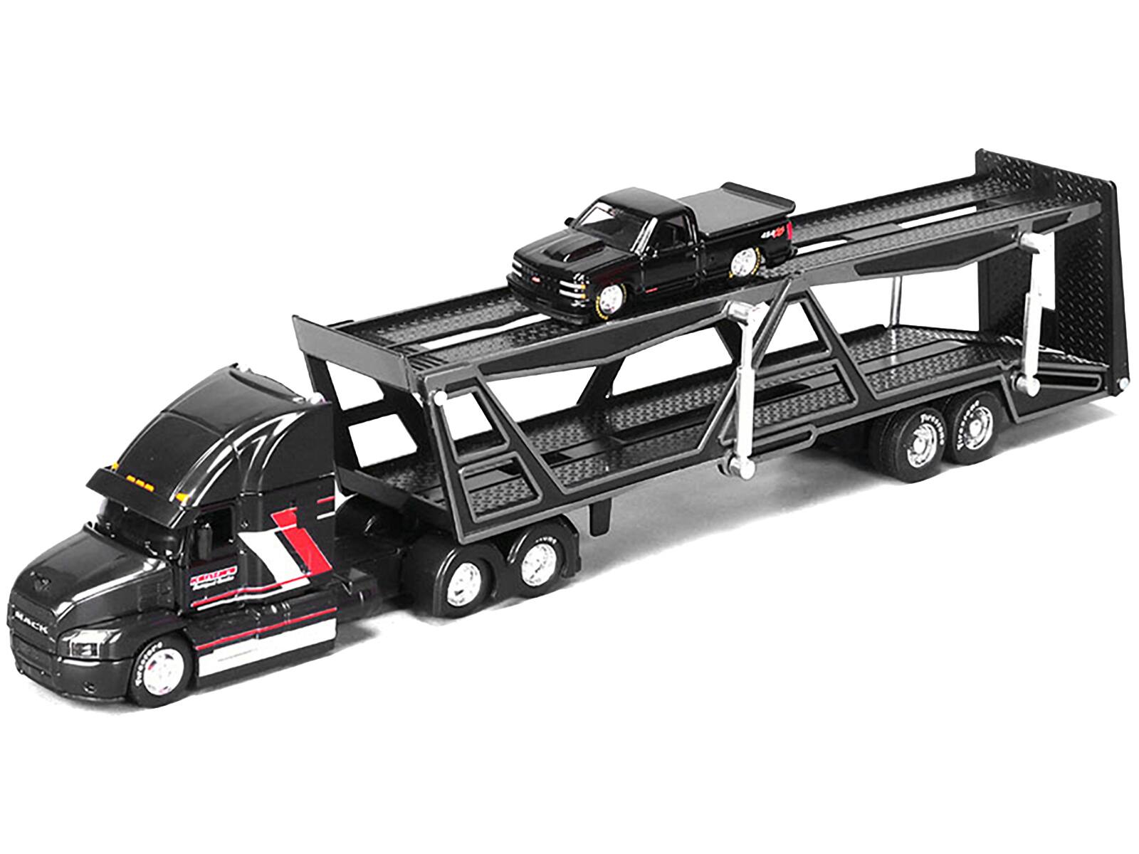 Alt View 1. Maisto - Mack Anthem Open Car Hauler Black with Red and White and 1993 Chevrolet 454 SS Truck Black 1/64 Diecast Models by Maisto.