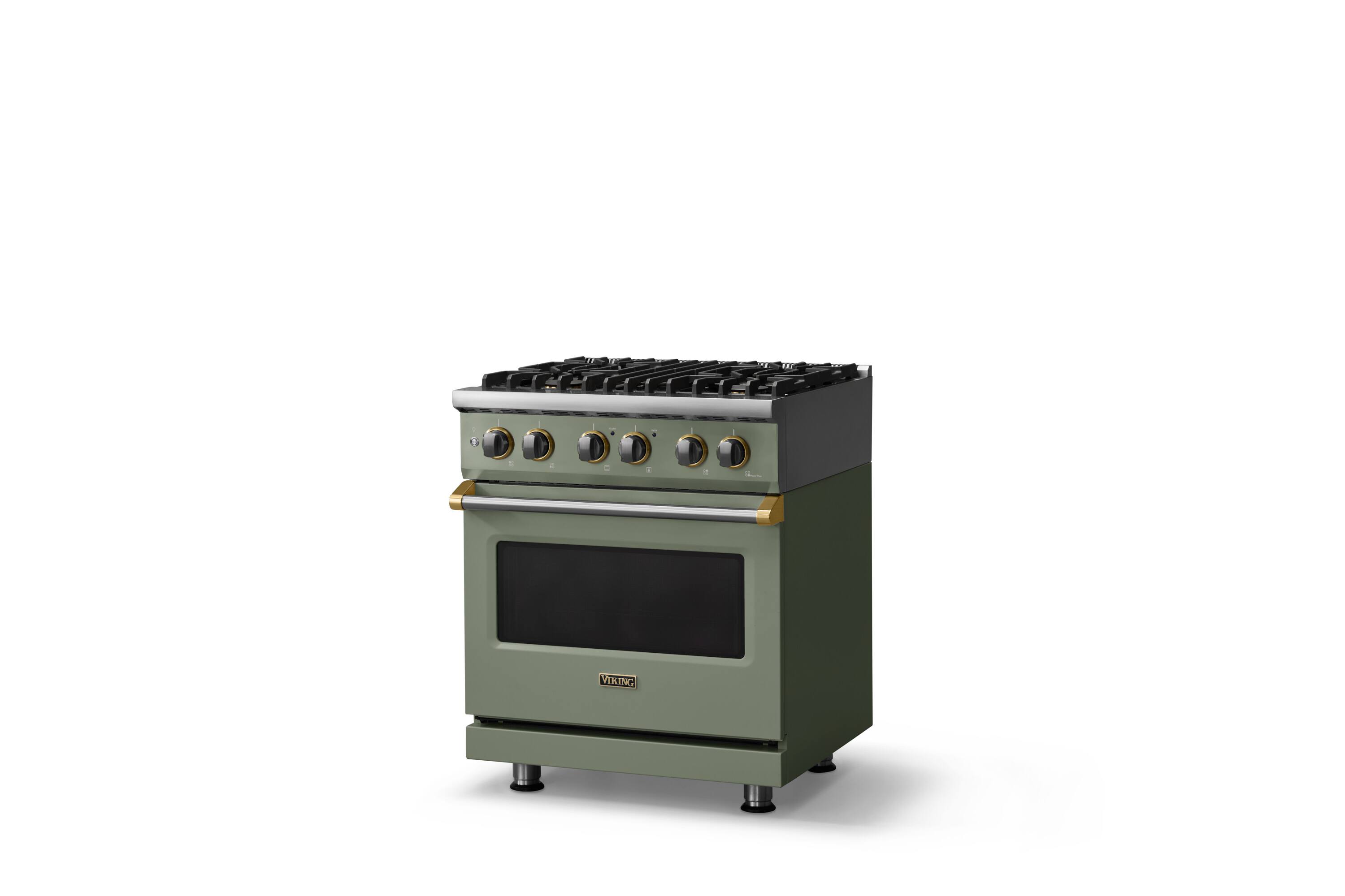 Angle. Viking - 30"W. 4 Burner Pro5S 4.7 Cu. Ft. Freestanding Sealed Dual Fuel Convection Range-Eucalyptus/Brushed Brass - Eucalyptus.