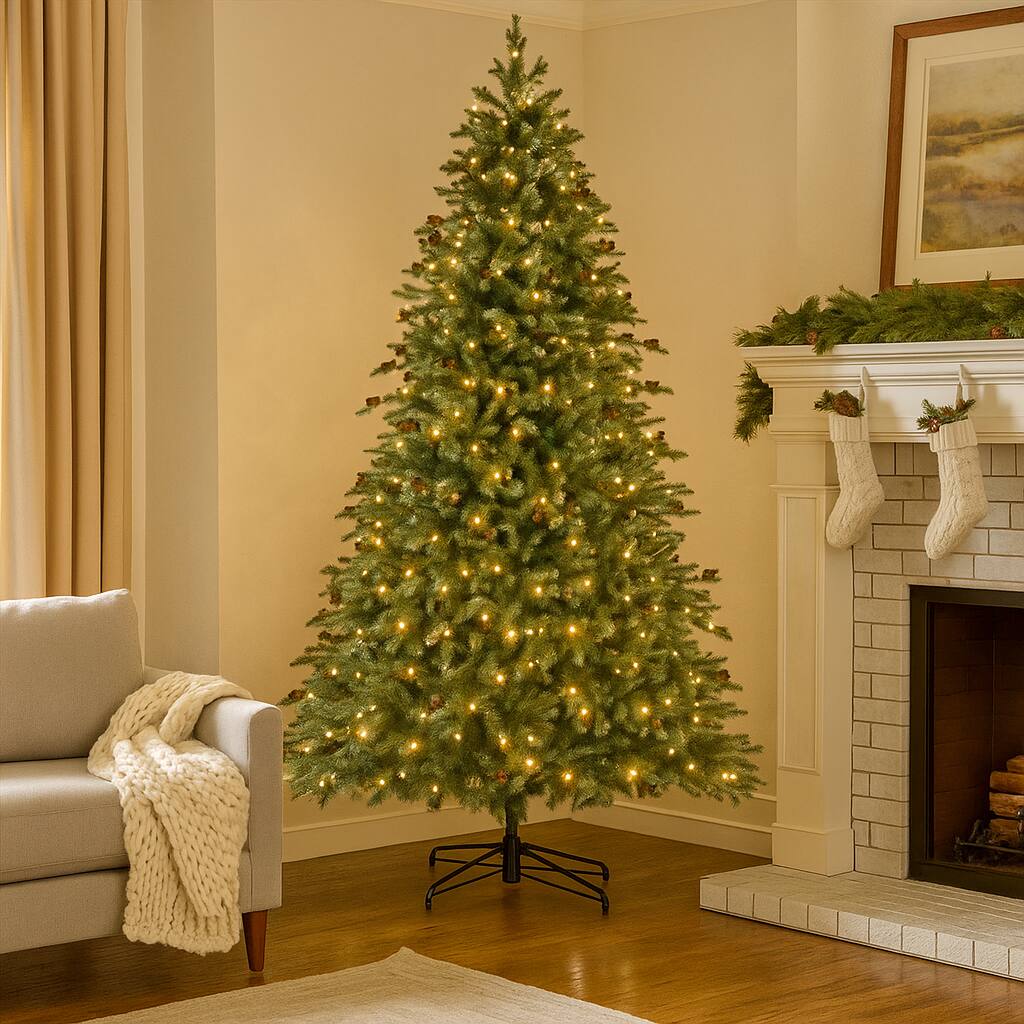 Front. BreeBe - Artificial Xmas Tree with Pine Cones and LED Lights – 6/7/8 FT Sizes - Green.