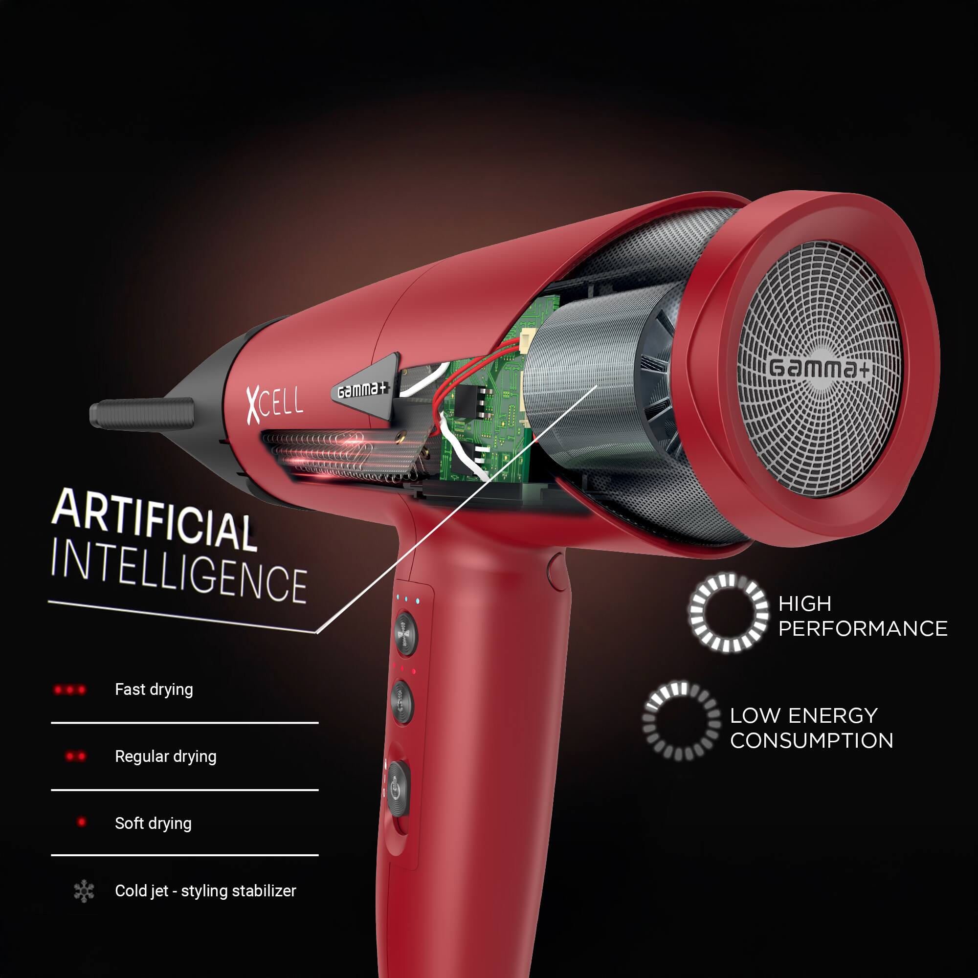 Gamma XCELL ARTIFICIAL INTELLIGENCE  
Gamma+ HIGH PERFORMANCE  
Fast drying  
Regular drying  
LOW ENERGY CONSUMPTION  
Soft drying  
Cold jet styling stabilizer