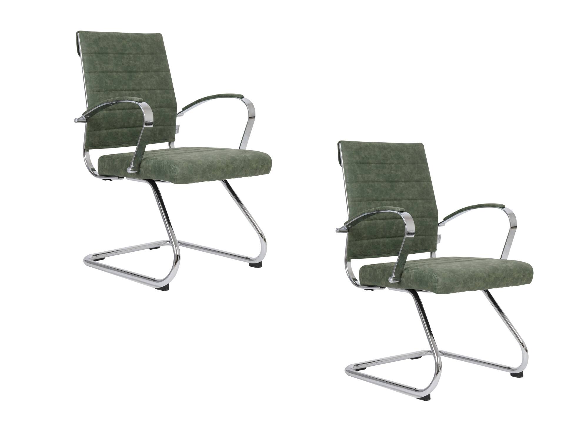 LeisureMod - Set of 2 Benmar Ribbed Leather Upholstered Office Chair with Chrome Arms and Sled Base Desk Seating for Home or Office - Green