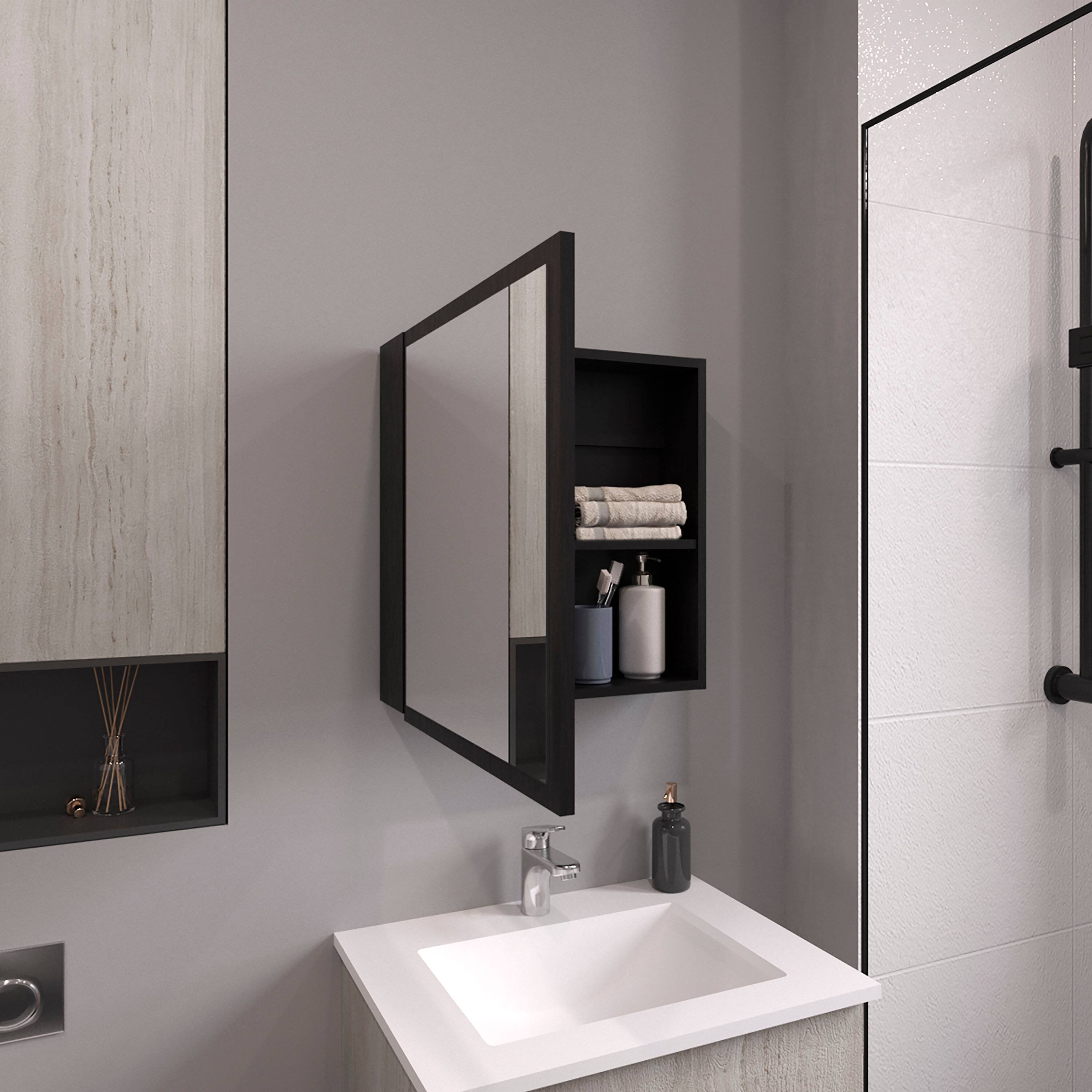 Left. TuHome - Duma 21.1" H X 19.7" W Mirror Medicine Cabinet, One Door With Four Interior Shelves For Bathroom, Kitchen - Black Wengue.