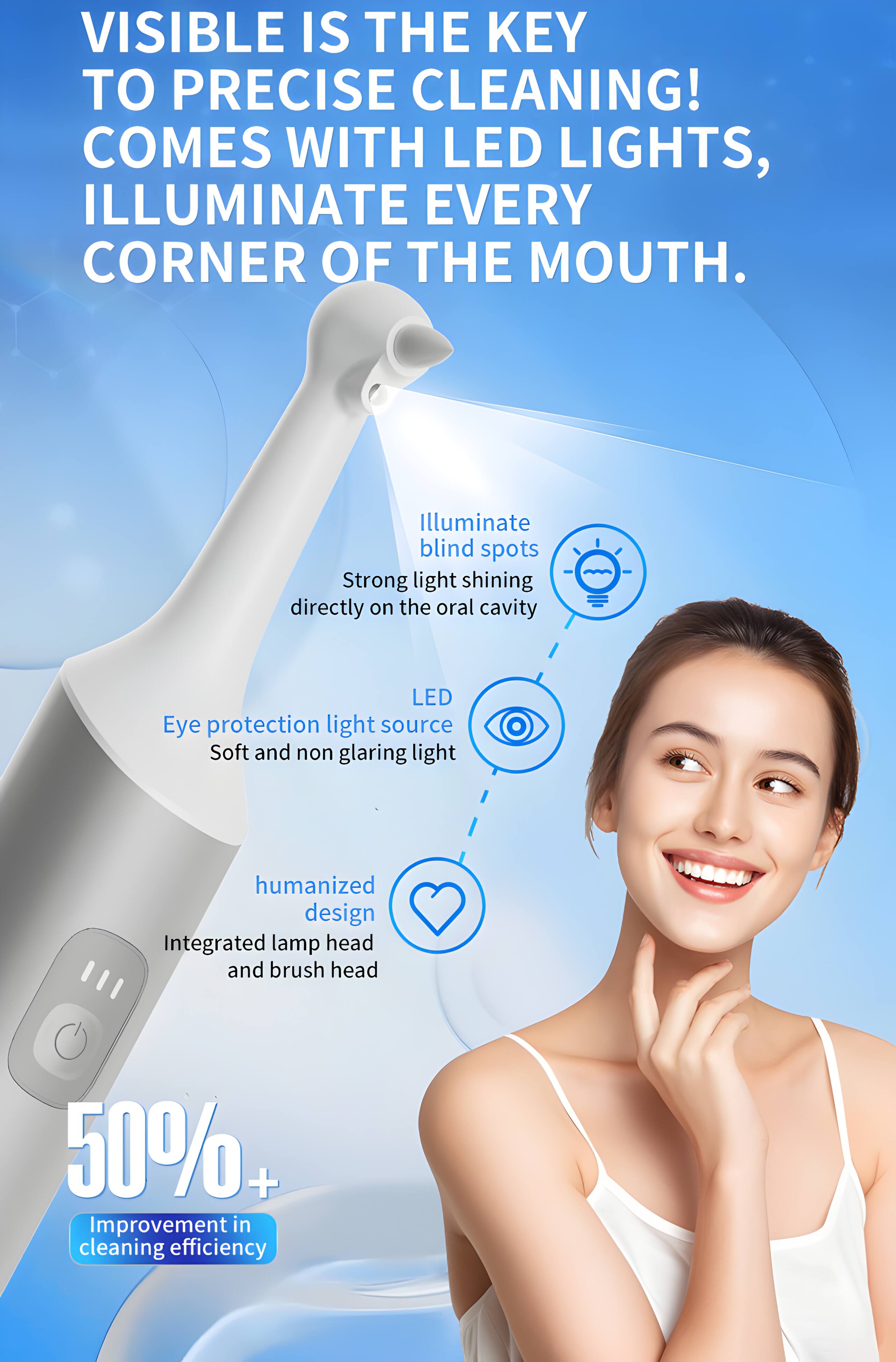 VISIBLE IS THE KEY TO PRECISE CLEANING! COMES WITH LED LIGHTS, ILLUMINATE EVERY CORNER OF THE MOUTH. Illuminate blind spots Strong light shining directly on the oral cavity LED Eye protection light source Soft and non glaring light humanized design Integrated lamp head and brush head 50%+ Improvement in cleaning efficiency