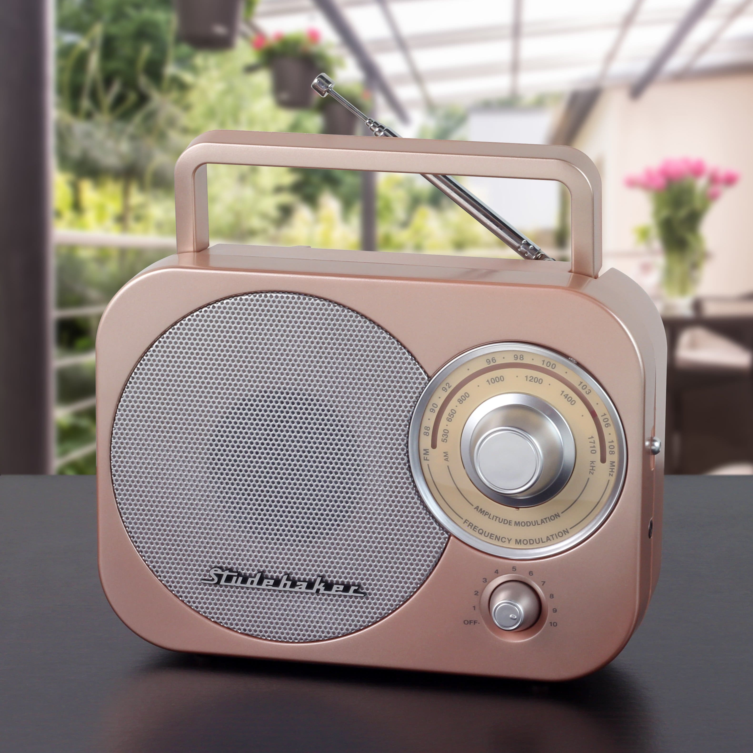 The text on the image reads: "92.800 96.650 530 FM AM SR 86 100 1000 12:00 103 1400 106 1710 108 KHz Studehakers Amplitude Modulation Frequency Modulation + 4 a a 2 2 a - a OFF 10."