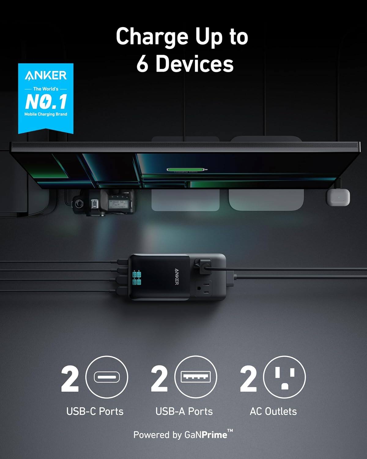 ANKER  
The World's NO.1 Mobile Charging Brand  

Charge Up to 6 Devices  

2 USB-C Ports  
2 USB-A Ports  
2 AC Outlets  

Powered by GaNPrime™