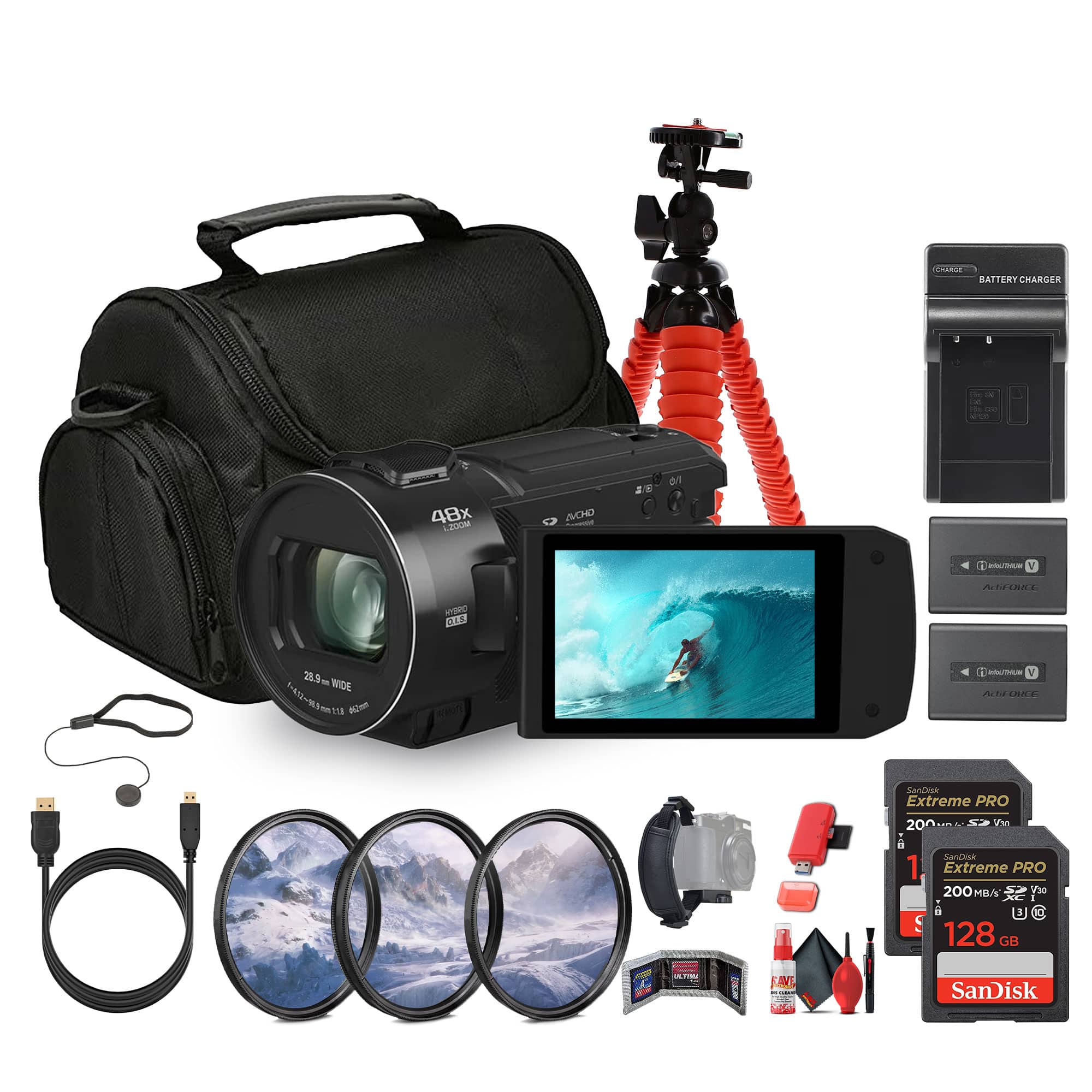 Panasonic - HC-V900 Lightweight Full HD Camcorder with 24x Zoom + 128GB Memory Card + More