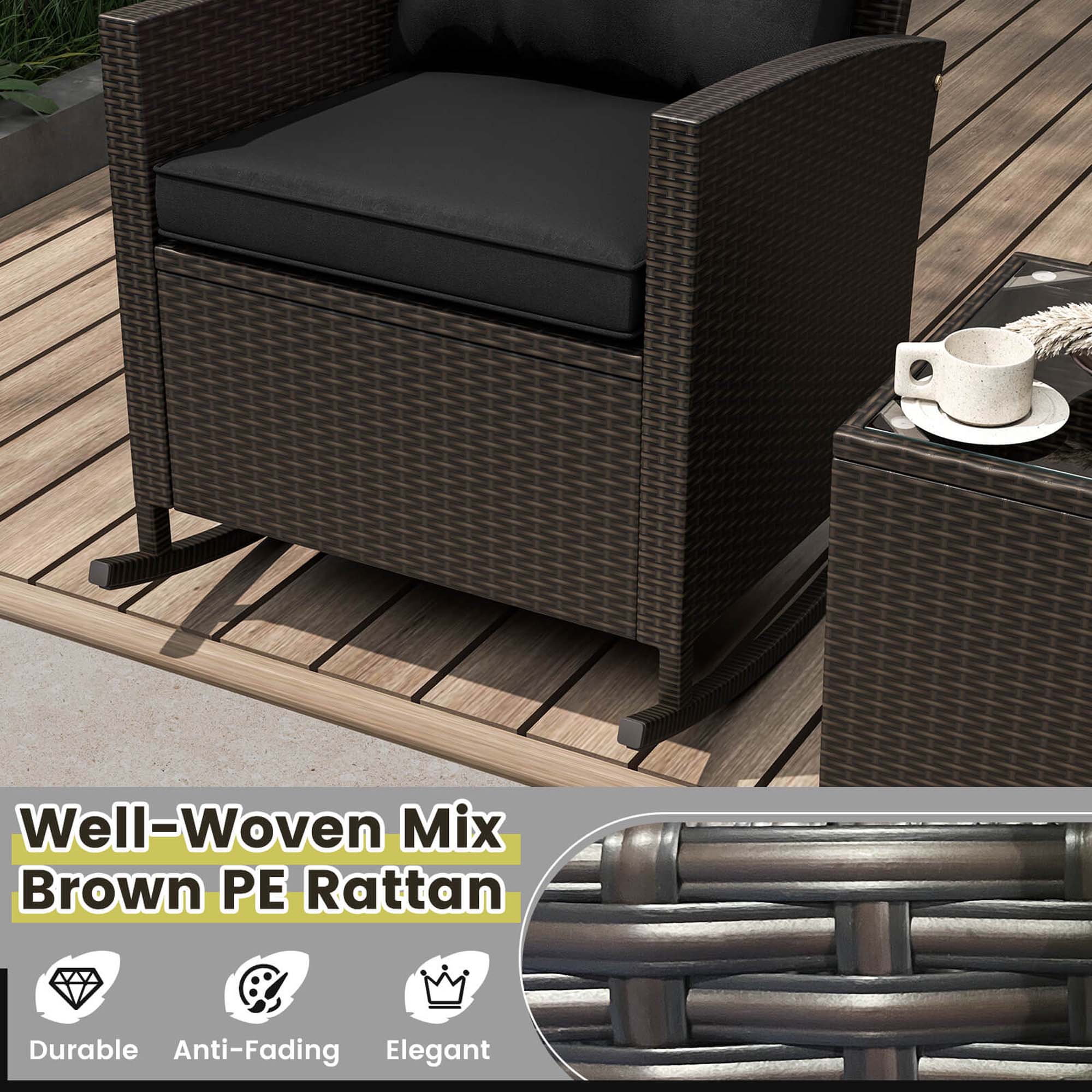 The text on the image reads: "Well-Woven Mix Brown PE Rattan Durable Anti-Fading Elegant."