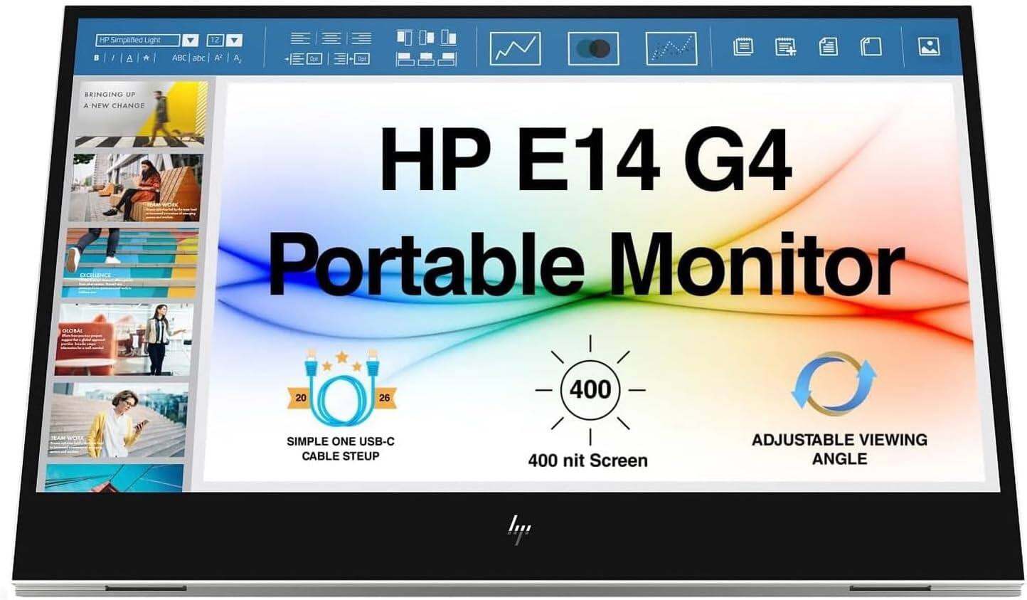 HP Simplified Light 12 I A A ABC abc A A Cot Dpt BRINGING UP A NEW CHANGE EECELIENC GEORAL HP E14 G4 Portable Monitor 20 26 400 SEAM WORL SIMPLE ONE USB-C CABLE STEUP 400 nit Screen ADJUSTABLE VIEWING ANGLE
