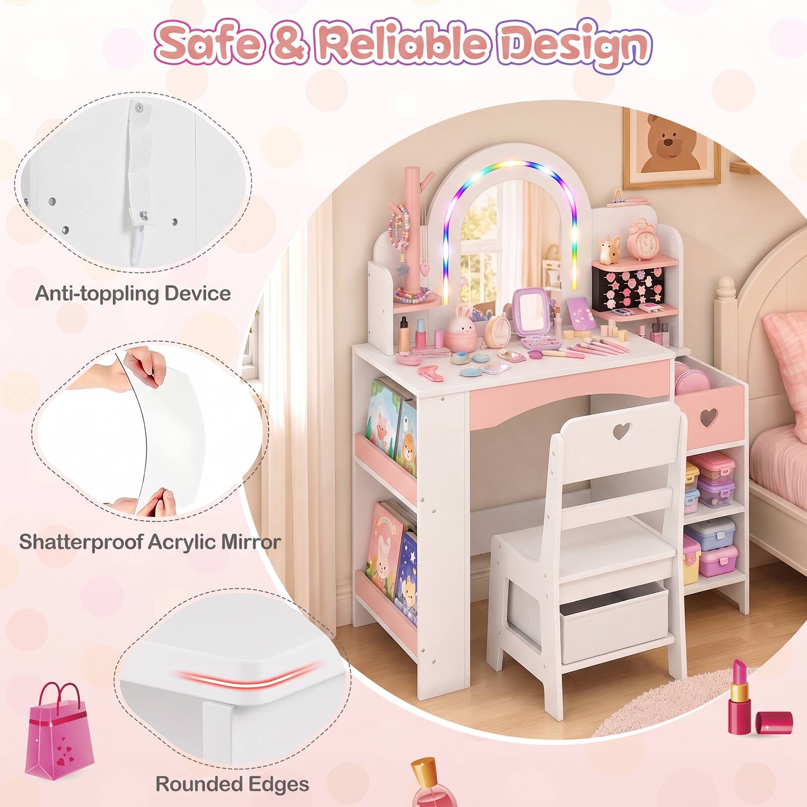 Safe & Reliable Design

Anti-toppling Device

Shatterproof Acrylic Mirror

Rounded Edges