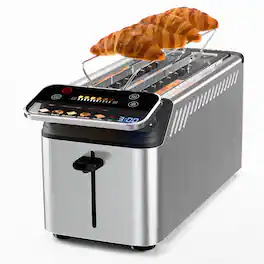 WHALL - Long Slot 4-Slice Toaster - Touch Screen, Projection Display, 1.5" Slots, 5 Bread Types & 11 Shades - Stainless Steel