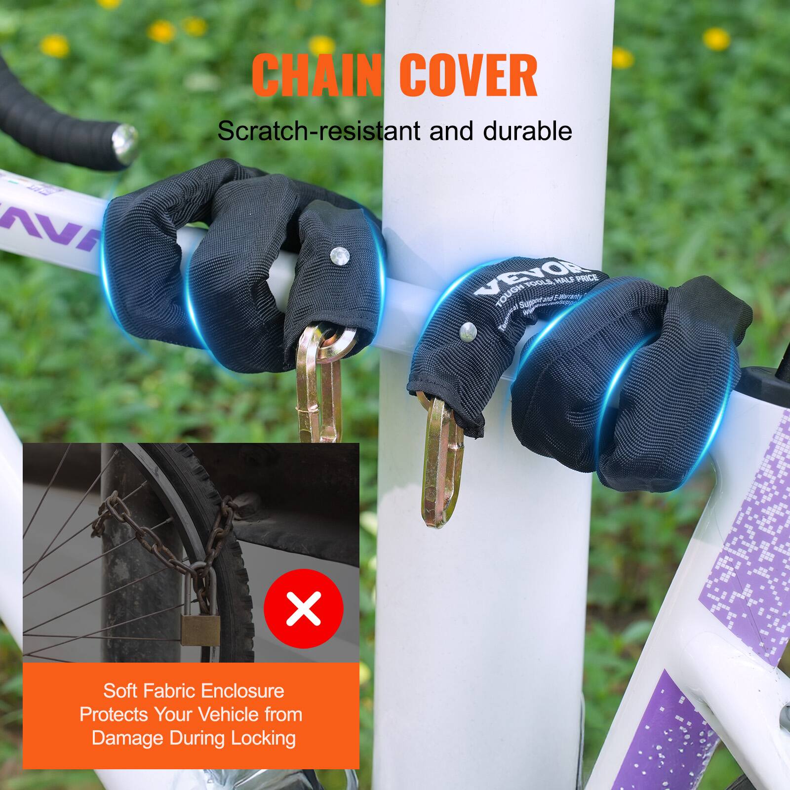 CHAIN COVER  
Scratch-resistant and durable  

Soft Fabric Enclosure  
Protects Your Vehicle from Damage During Locking
