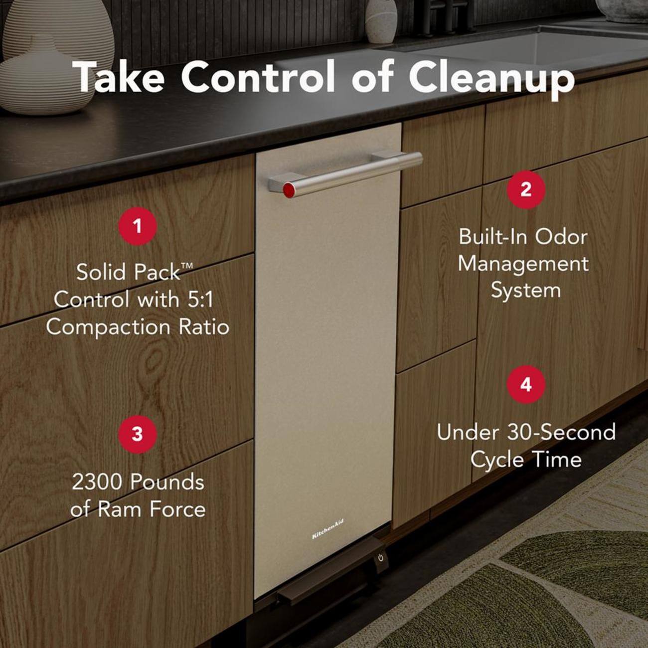 Take Control of Cleanup

1. Solid Pack™ Control with 5:1 Compaction Ratio
2. Built-In Odor Management System
3. 2300 Pounds of Ram Force
4. Under 30-Second Cycle Time
