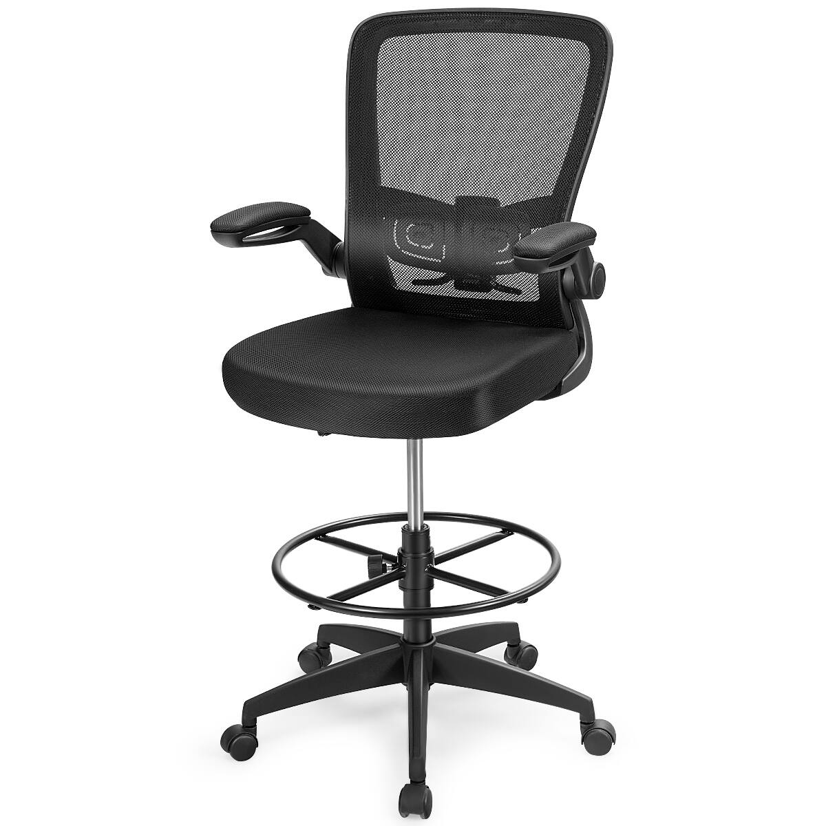 Alt View 2. WELLFOR - Height Adjustable Drafting Chair with Flip Up Arms - Black.