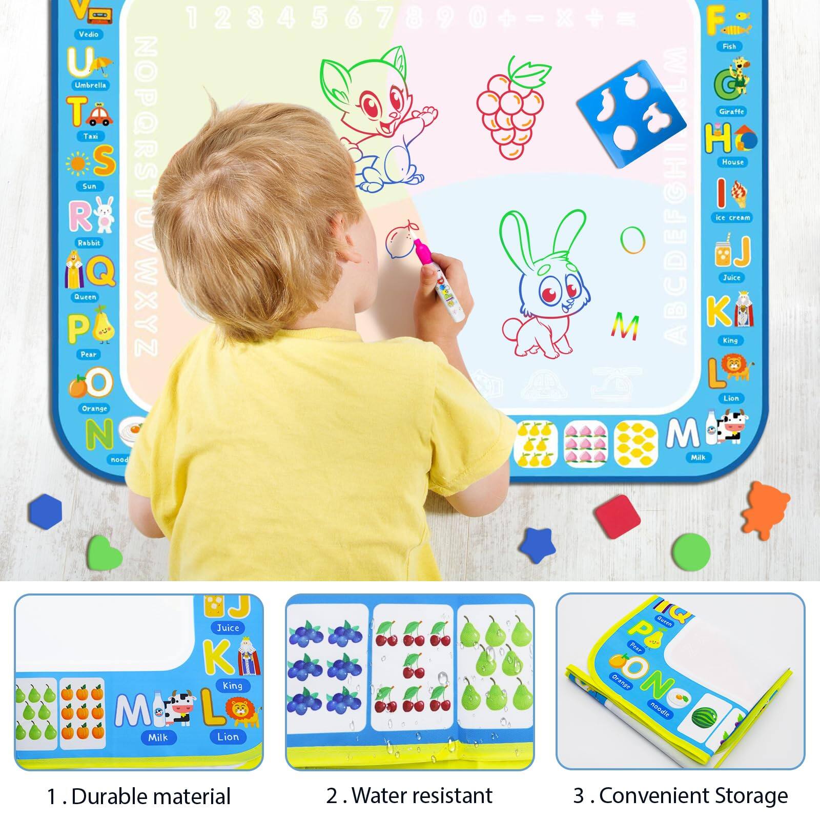 Sure, here is the corrected and grouped text from the image:

---

**Top Section:**

- **Left Side:**
  - V - Video
  - U - Umbrella
  - T - Taxi
  - S - Sun
  - R - Rabbit
  - Q - Queen
  - P - Pear
  - O - Orange
  - N - Noodle
  - M - Milk
  - L - Lion
  - K - King
  - J - Juice
  - I - Ice cream
  - H - House
  - G - Giraffe
  - F - Fish

- **Right Side:**
  - 1 2 3 4 5 6 7 8 9 0 + - x = =

- **Middle:**
  - F - Fish
  - G - Giraffe
  - H - House
  - I - Ice cream
  - J - Juice
  - K - King
  - L - Lion
  - M - Milk

---

**Bottom Section:**

1. Durable material
2. Water resistant
3. Convenient Storage

---

**Additional Text:**

- **Left Bottom:**
  - Milk